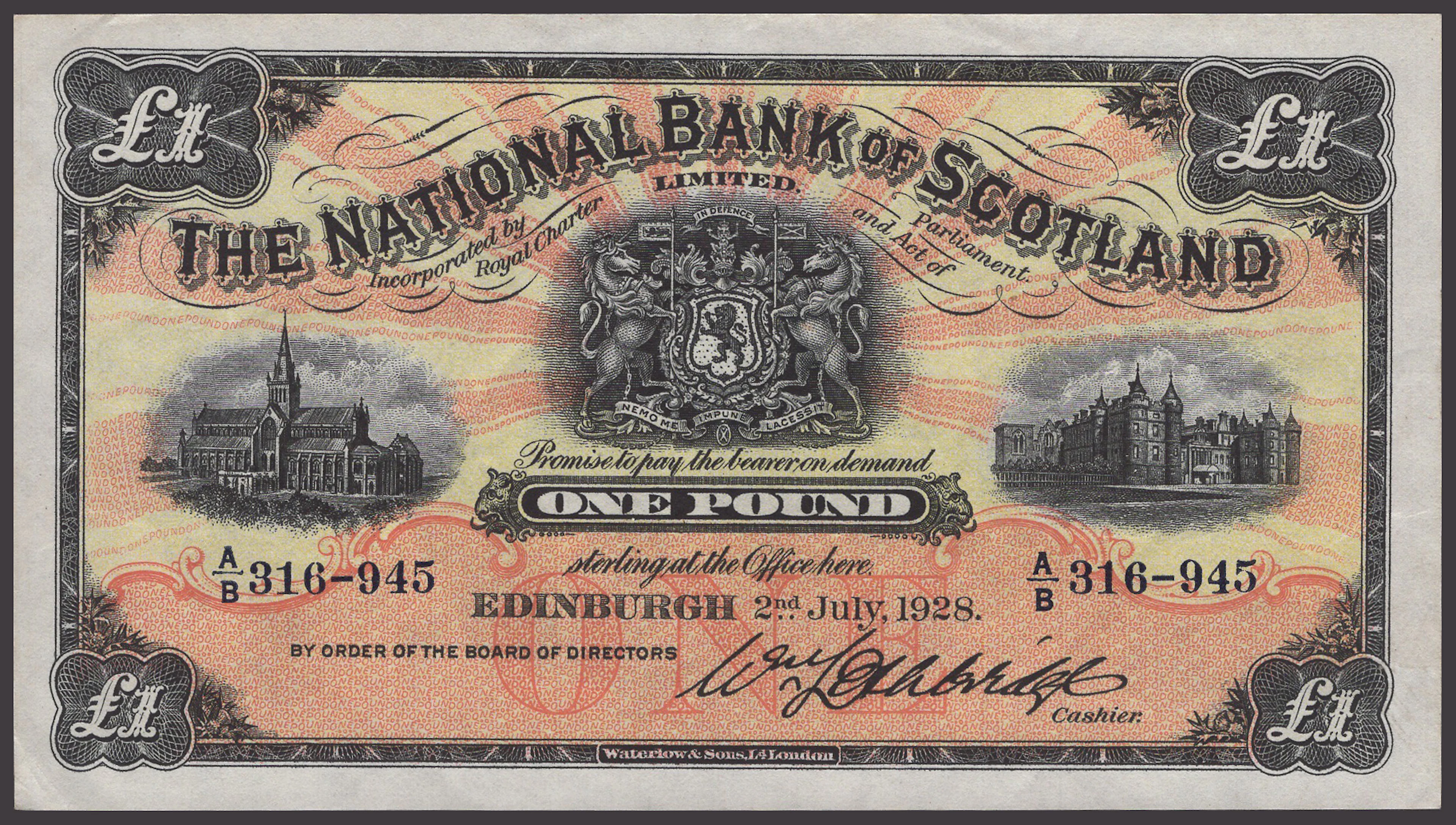 National Bank of Scotland Limited, £1, 2 July 1928, serial number
