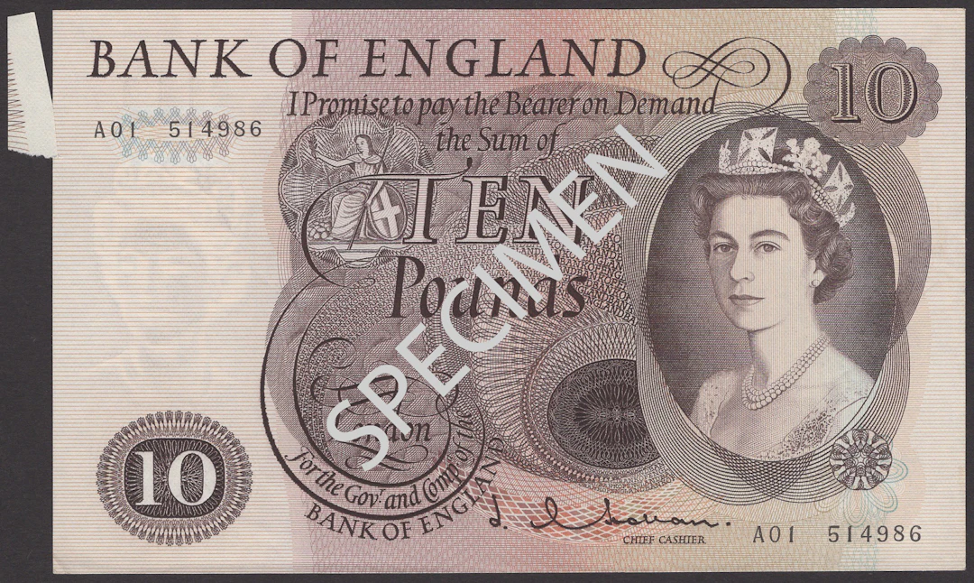 ERROR: Bank of England, Jasper Q. Hollom, £10, 21 February 1964, serial