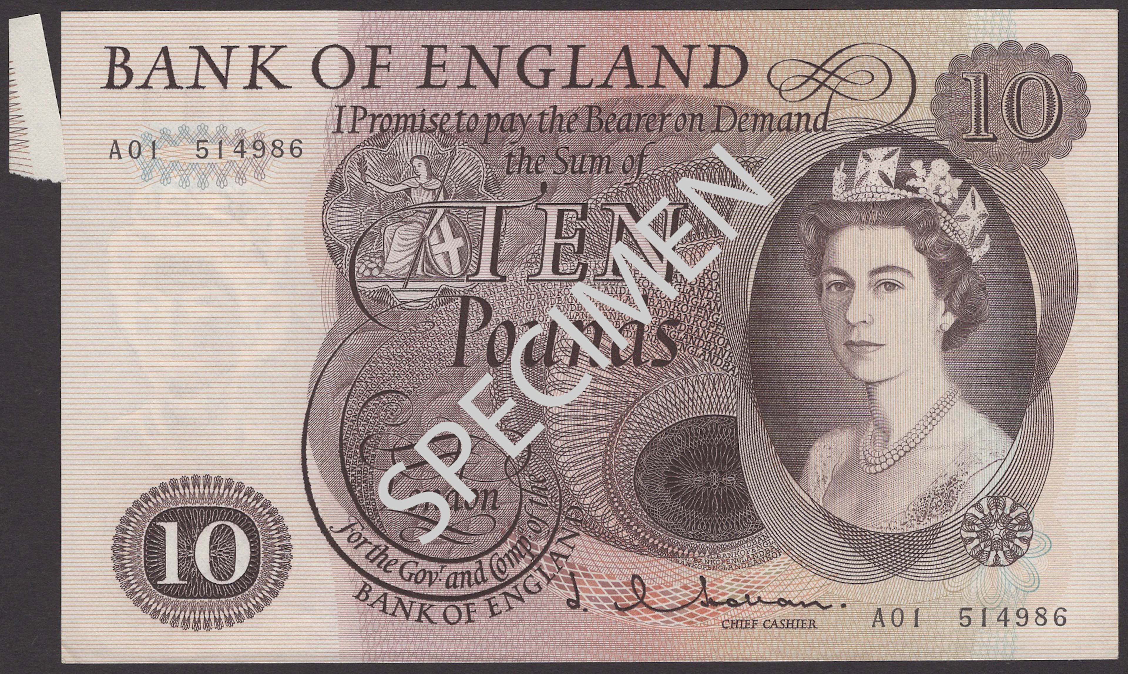 ERROR: Bank of England, Jasper Q. Hollom, £10, 21 February 1964, serial