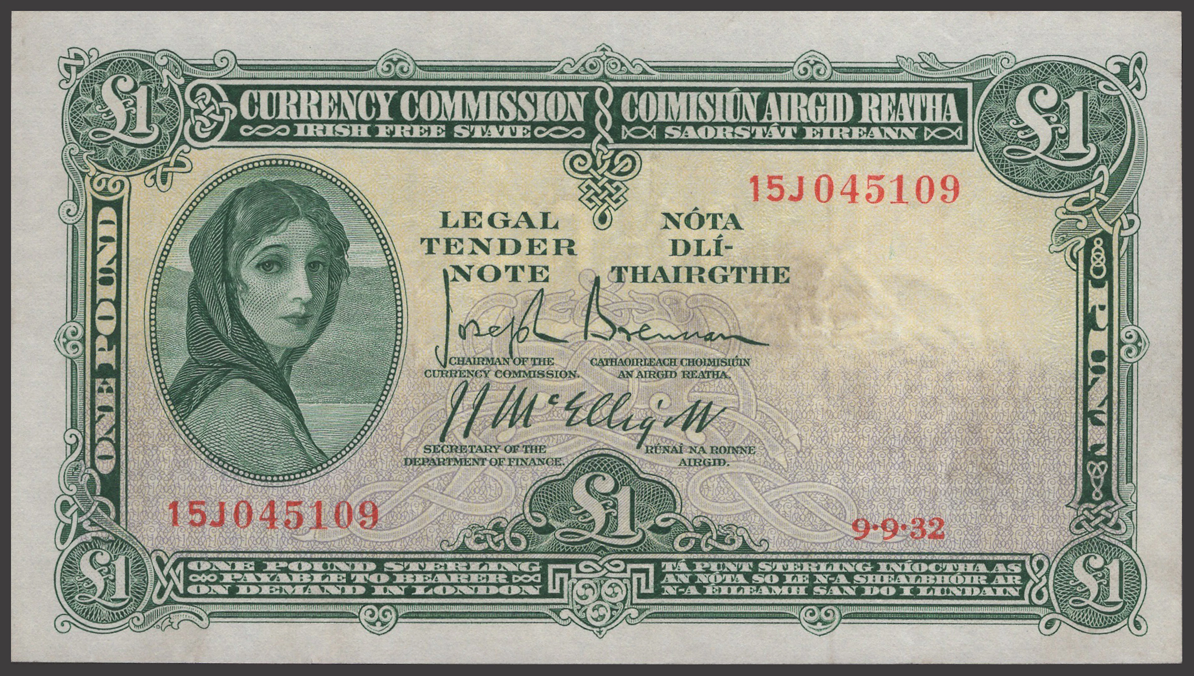 Currency Commission, Irish Free State, £1, 9 September 1932, serial
