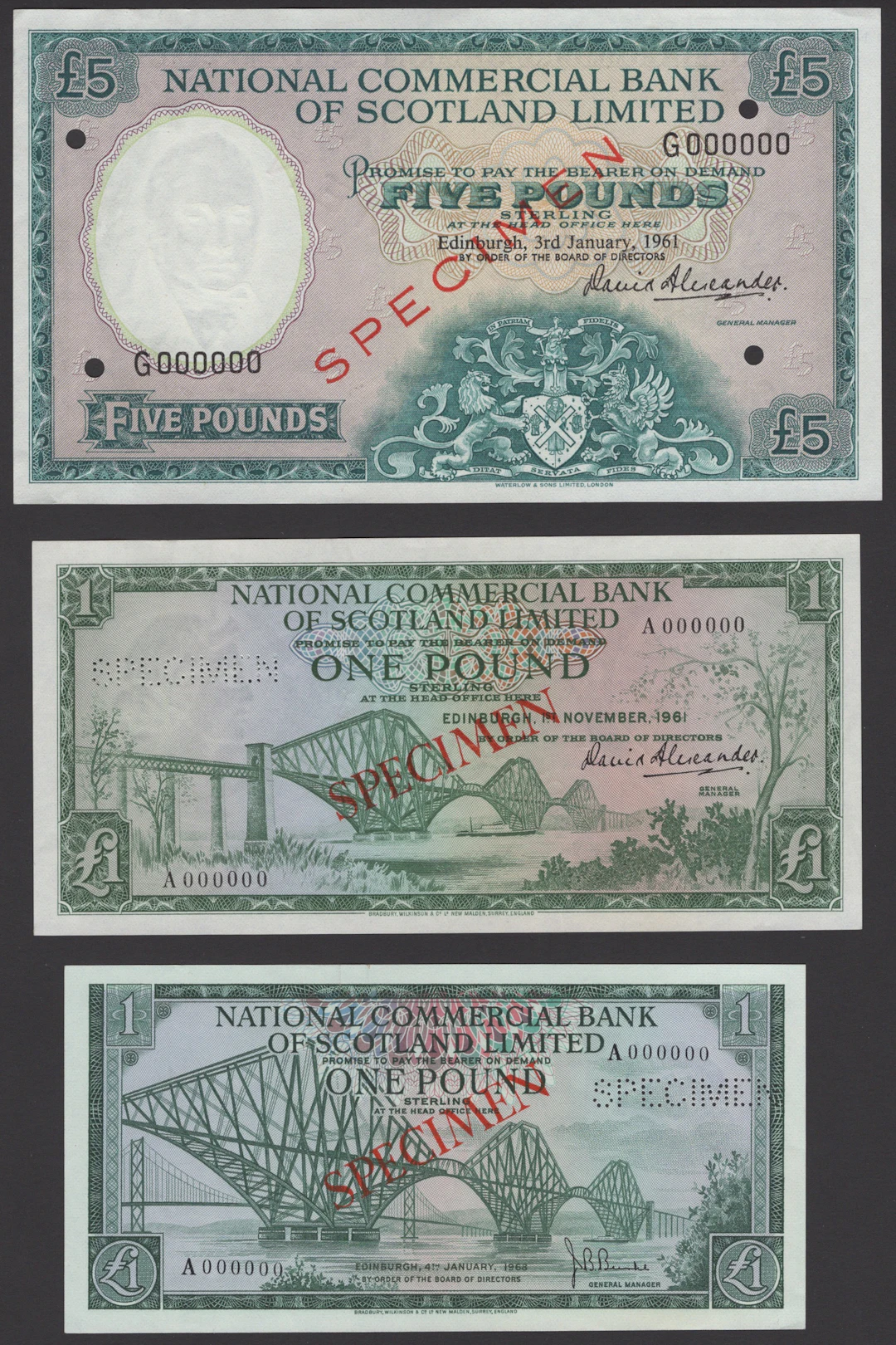 National Commercial Bank of Scotland, specimen £5, 3 January 1961