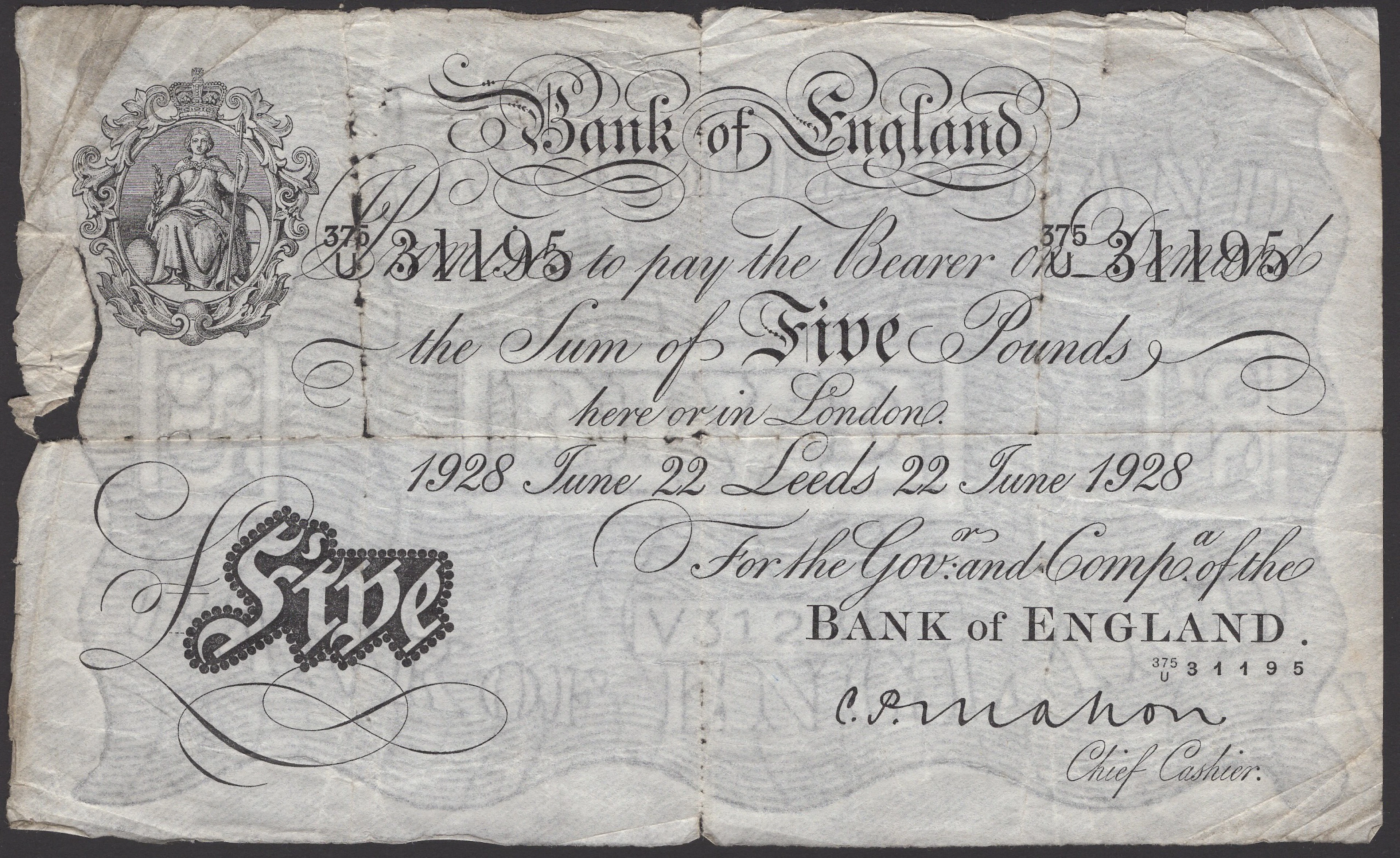 Bank of England, Cyril P. Mahon, £5, Leeds, 22 June 1928, serial number
