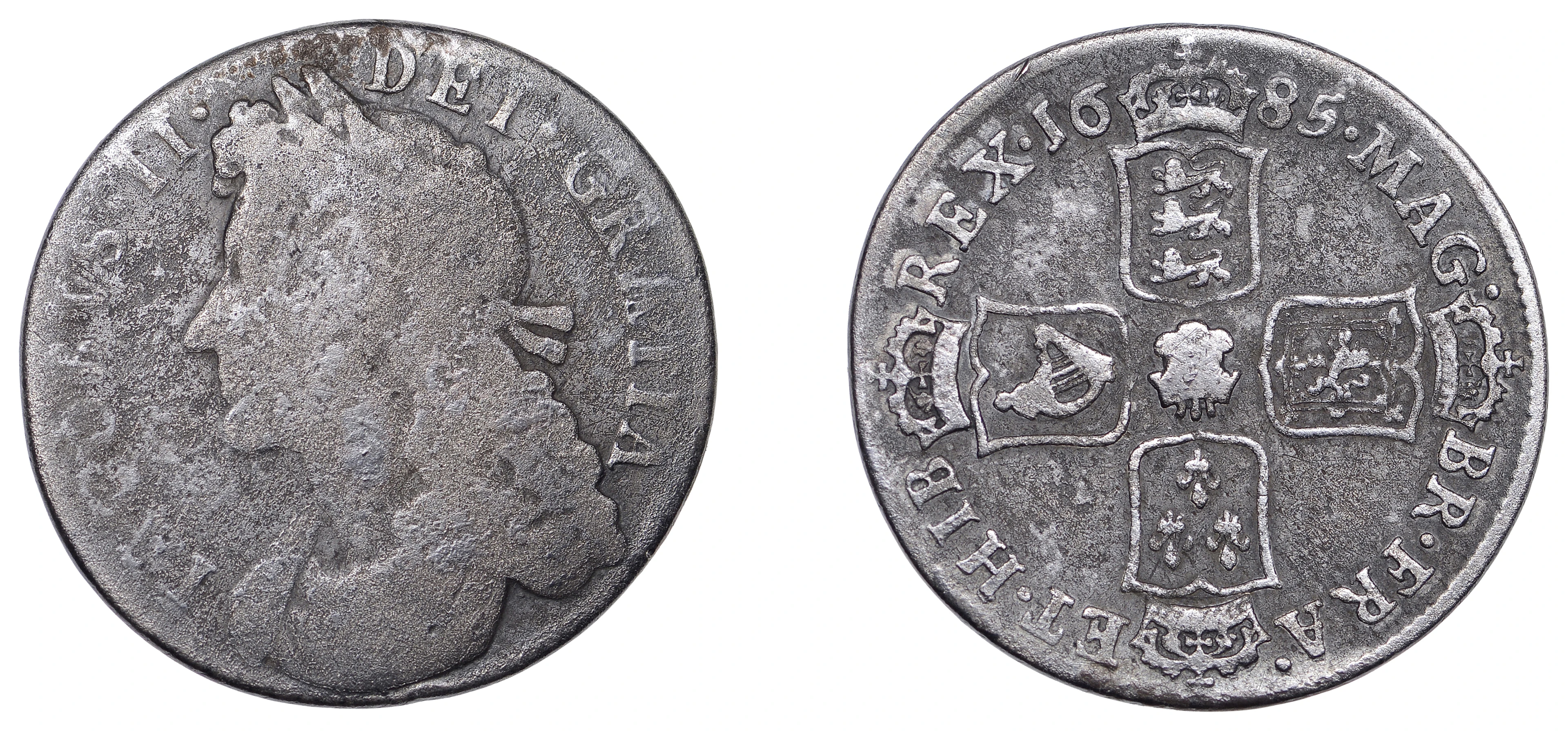 James II (1685-1688), Shilling, 1685, plume in centre of rev., harp