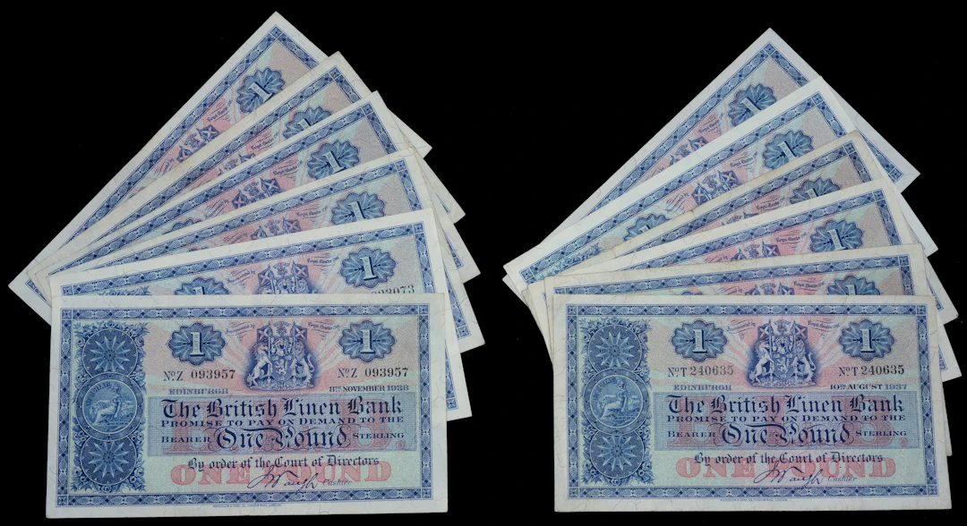British Linen Bank, £1 (12), 1937 (3), 1938 (4), and 1939 (5), prefixes