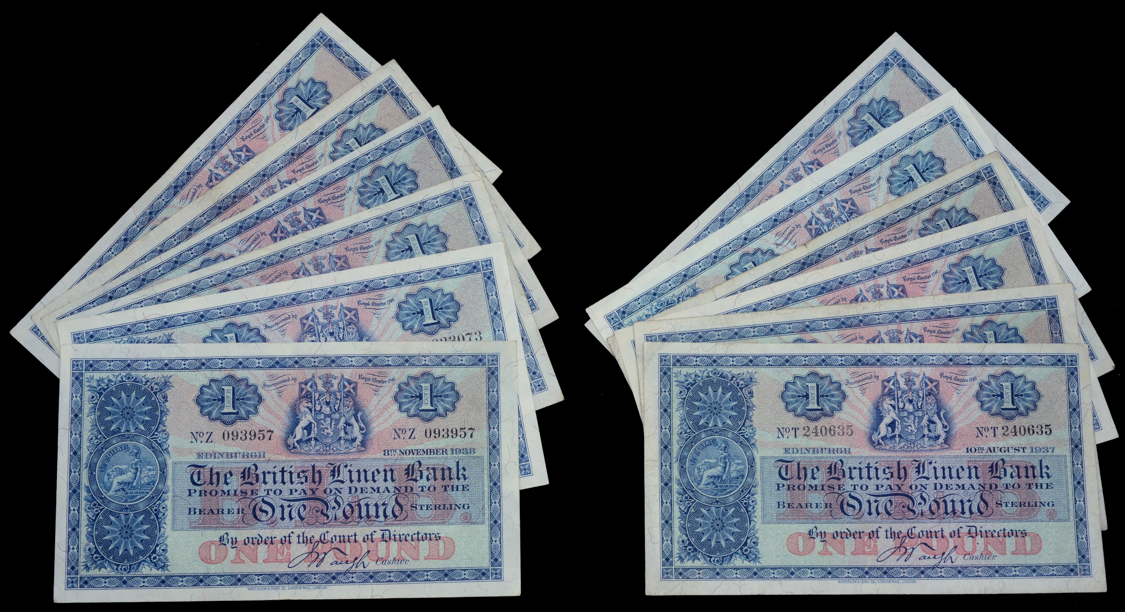 British Linen Bank, £1 (12), 1937 (3), 1938 (4), and 1939 (5), prefixes