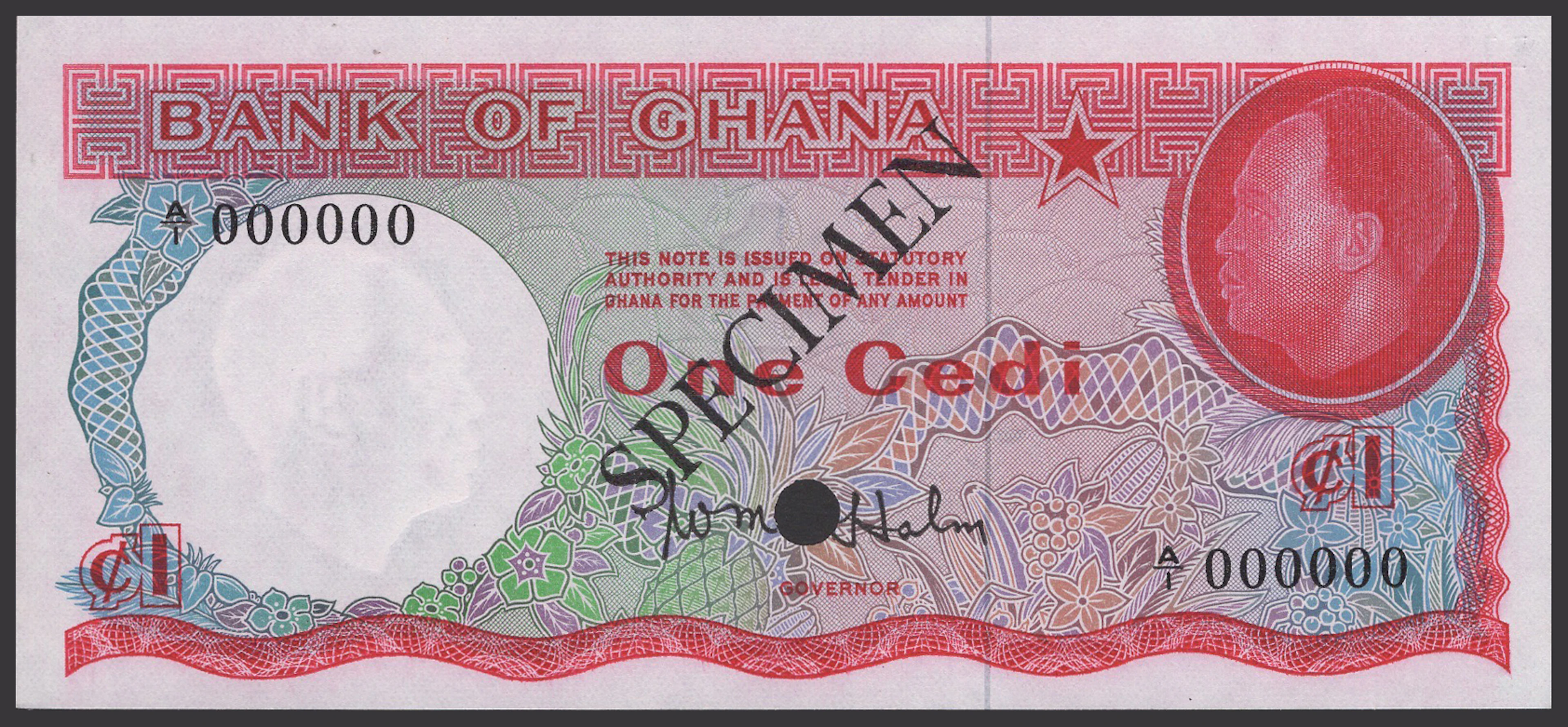 Bank of Ghana, colour trial 1 Cedi, ND (1965), serial number A/1 000000