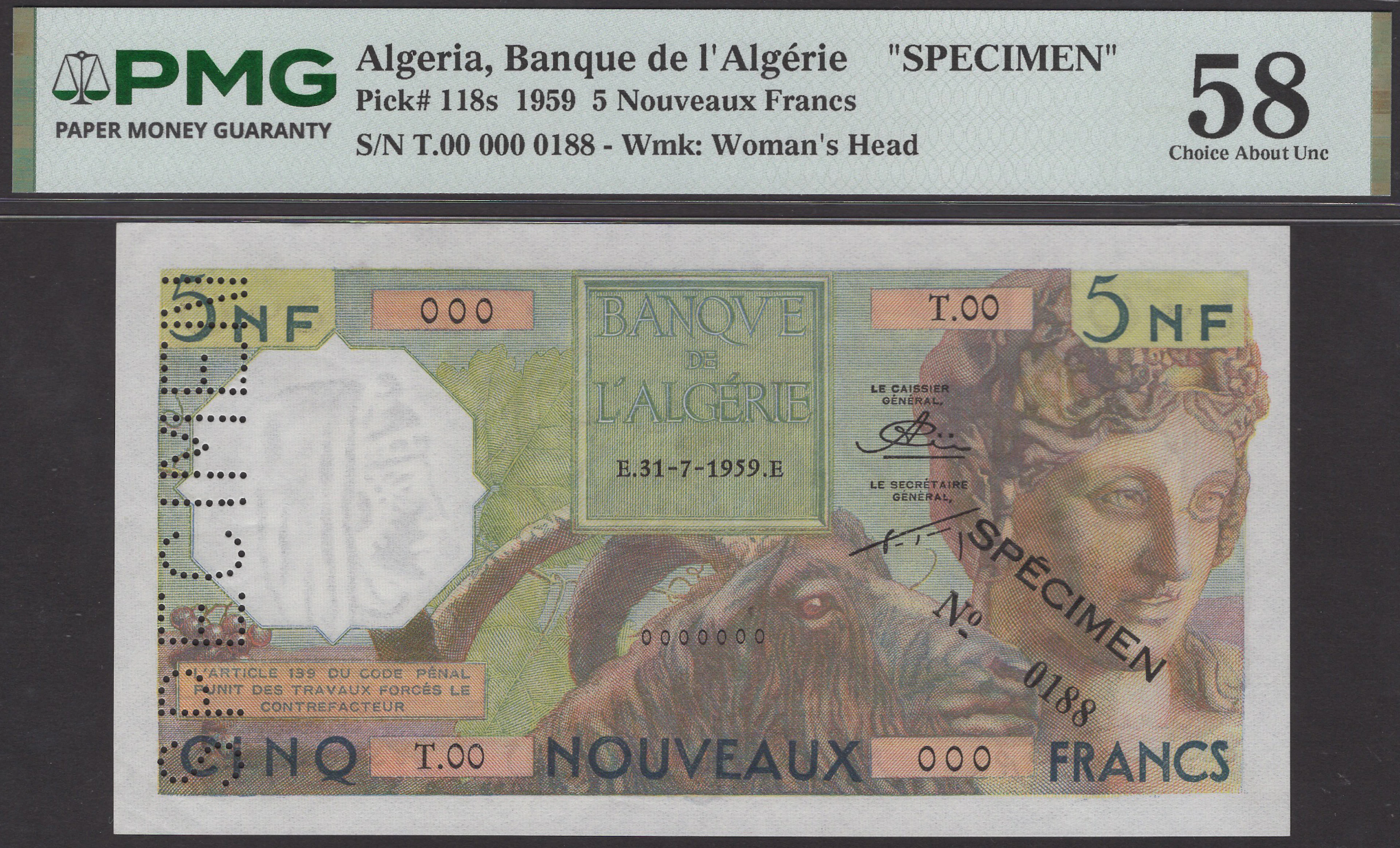 Banque de l’Algerie, specimen 5 Nouveaux Francs, 31 July 1959, serial