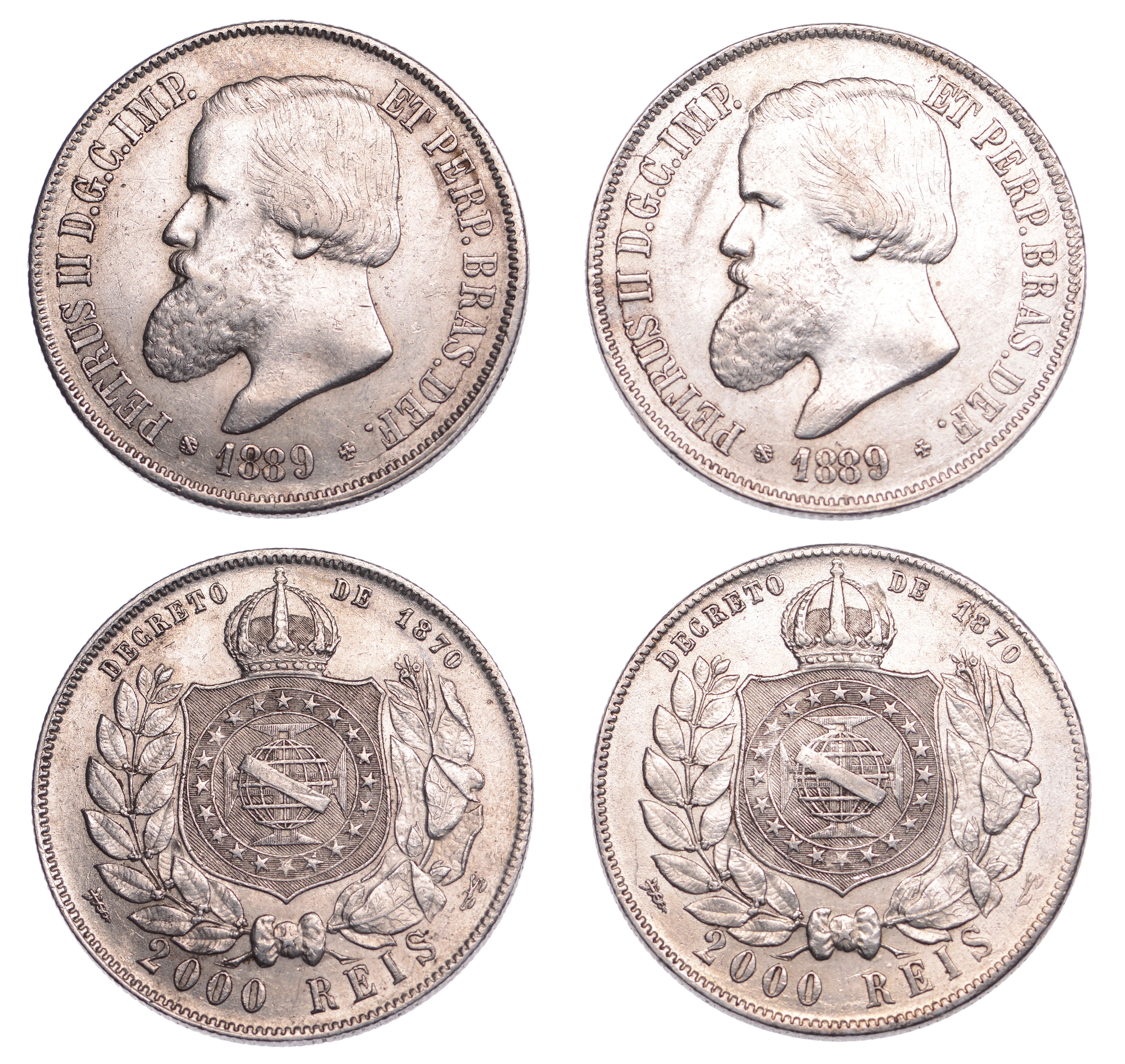 Brazil, Pedro II, 2000 Reis, both 1889, Rio de Janeiro (KM 485) [2].
