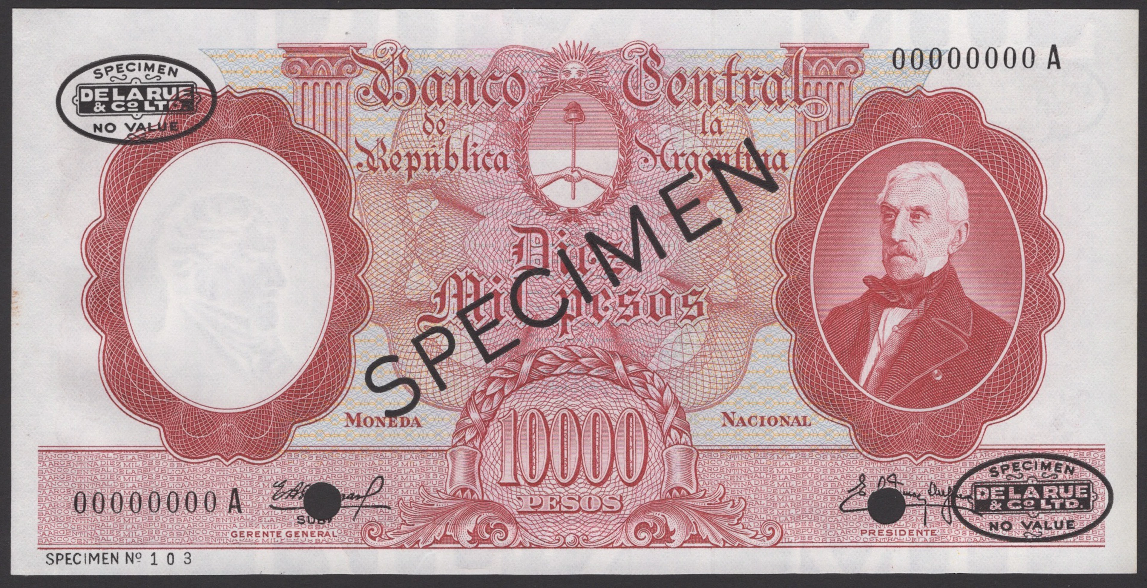 Banco Central de la Republica Argentina, specimen 10,000 Pesos, ND