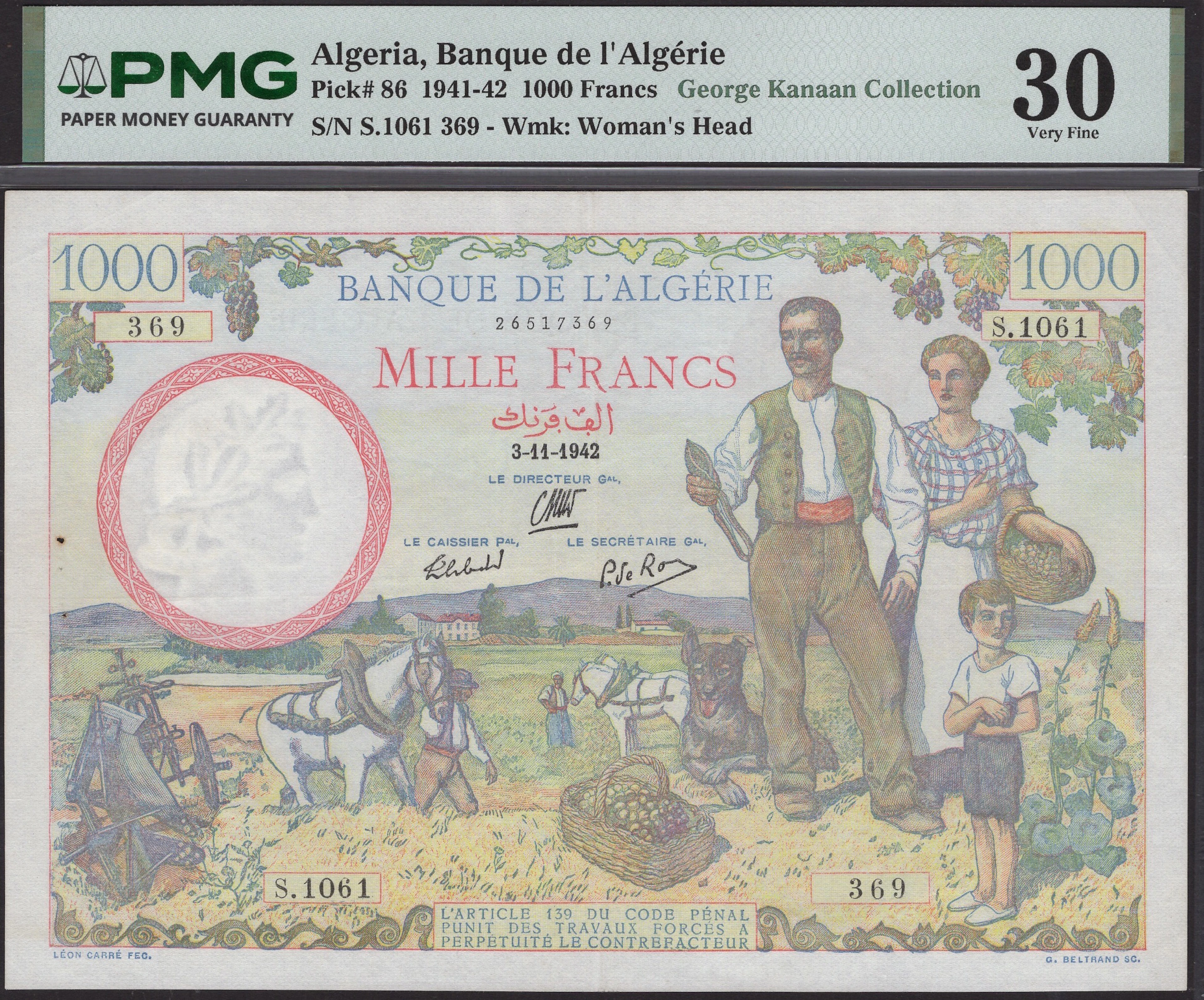 Banque de l’Algerie, 1000 Francs, 3 November 1942, serial number S.1061