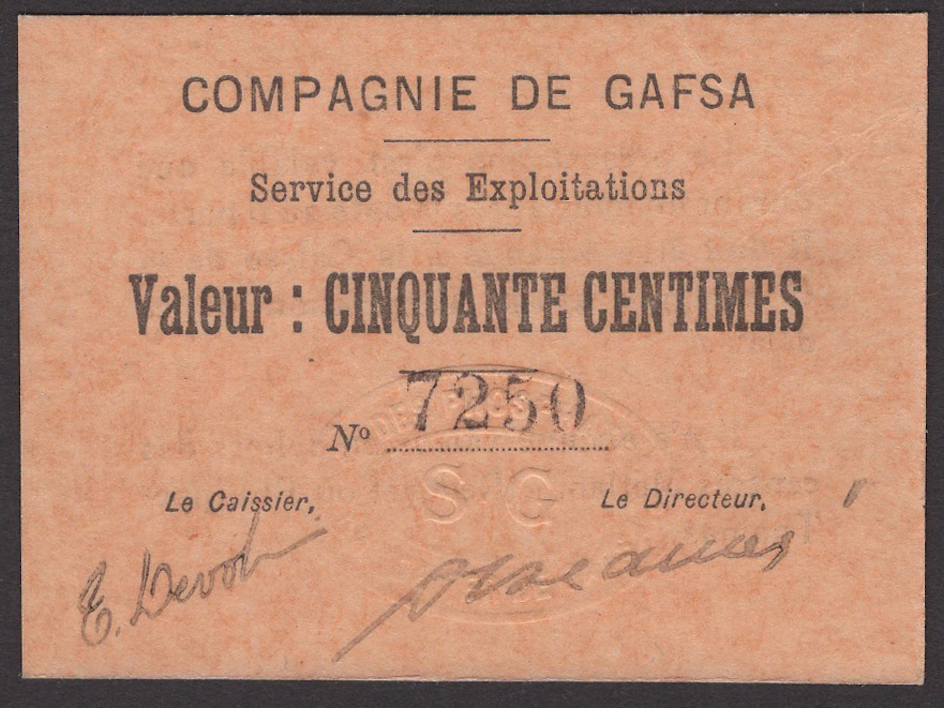 Compagnie de Gafsa, Tunisia, 50 Centimes, 10 February 1916, serial