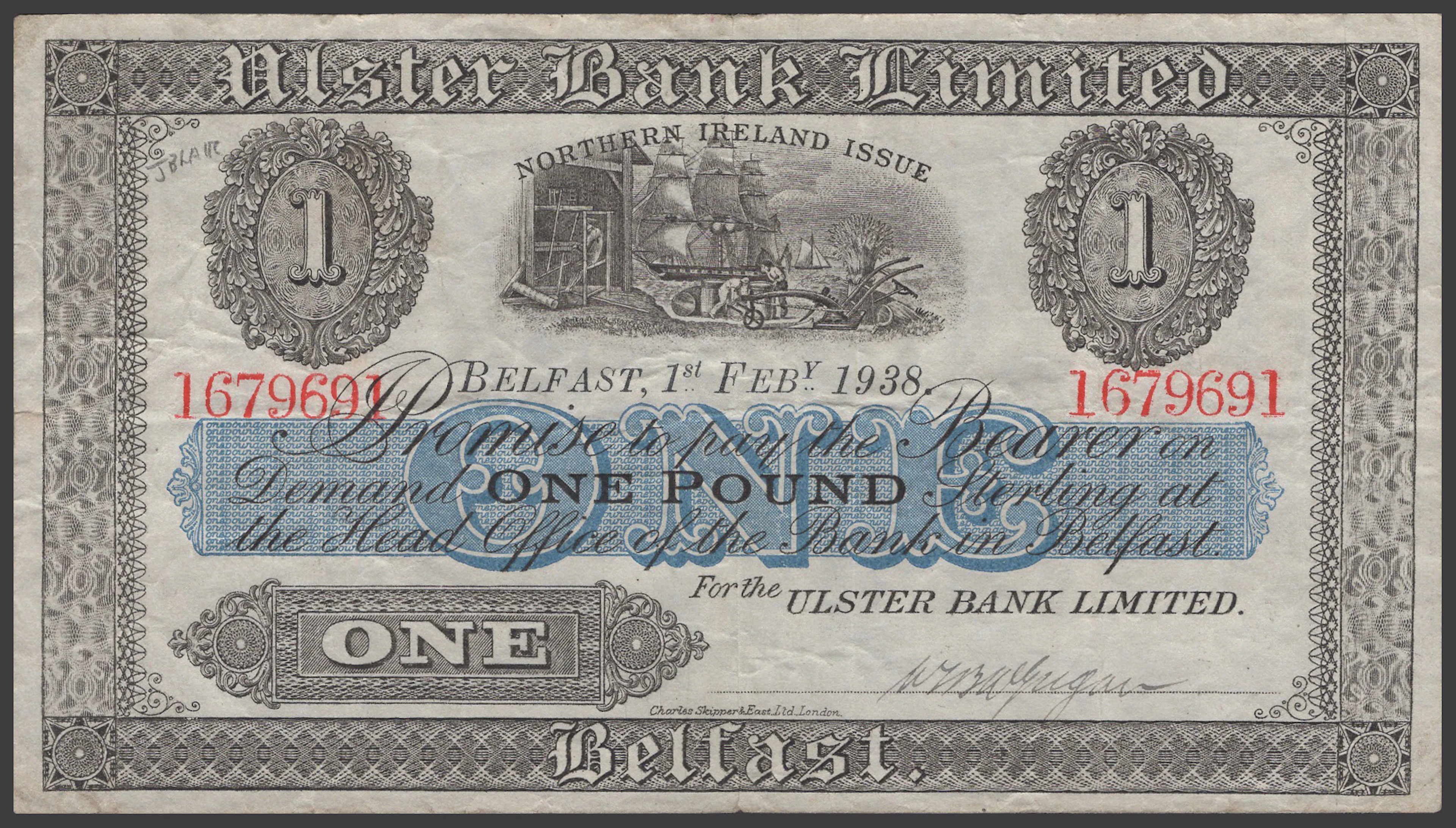 Ulster Bank Limited, £1, 1 February 1938, serial number 1679691, manuscript