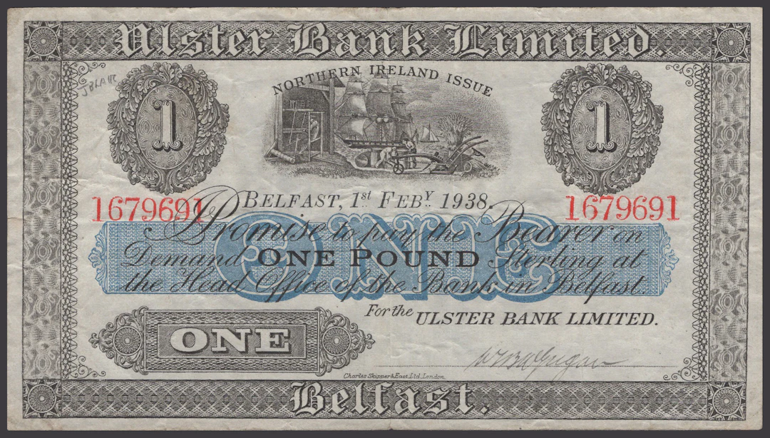 Ulster Bank Limited, £1, 1 February 1938, serial number 1679691, manuscript