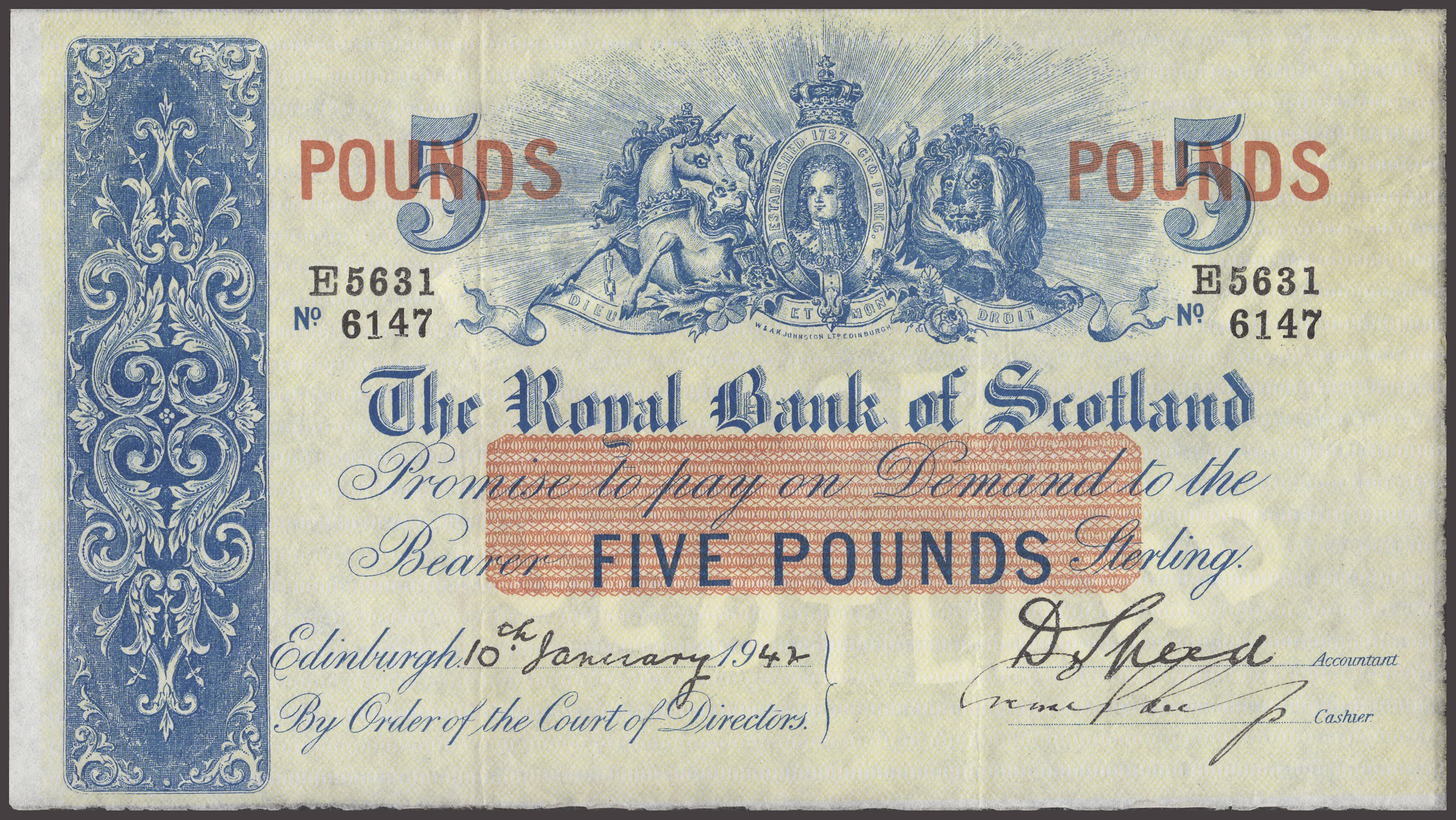 Royal Bank of Scotland, £5, 29 June 1942, serial number E5631/6147
