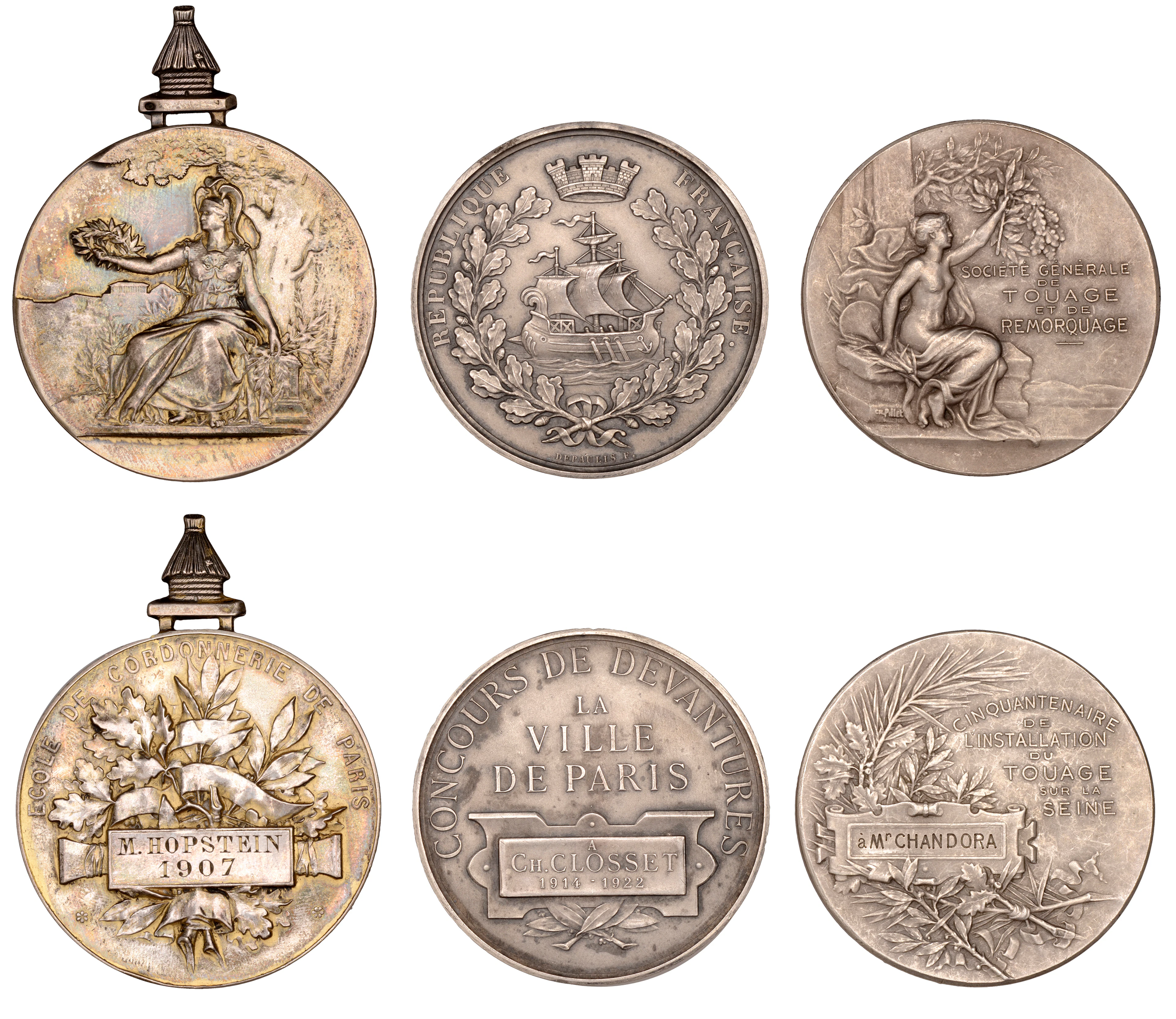 France, Paris, c. 1900-1910, silver award medals (3), by A.J. Depaulis