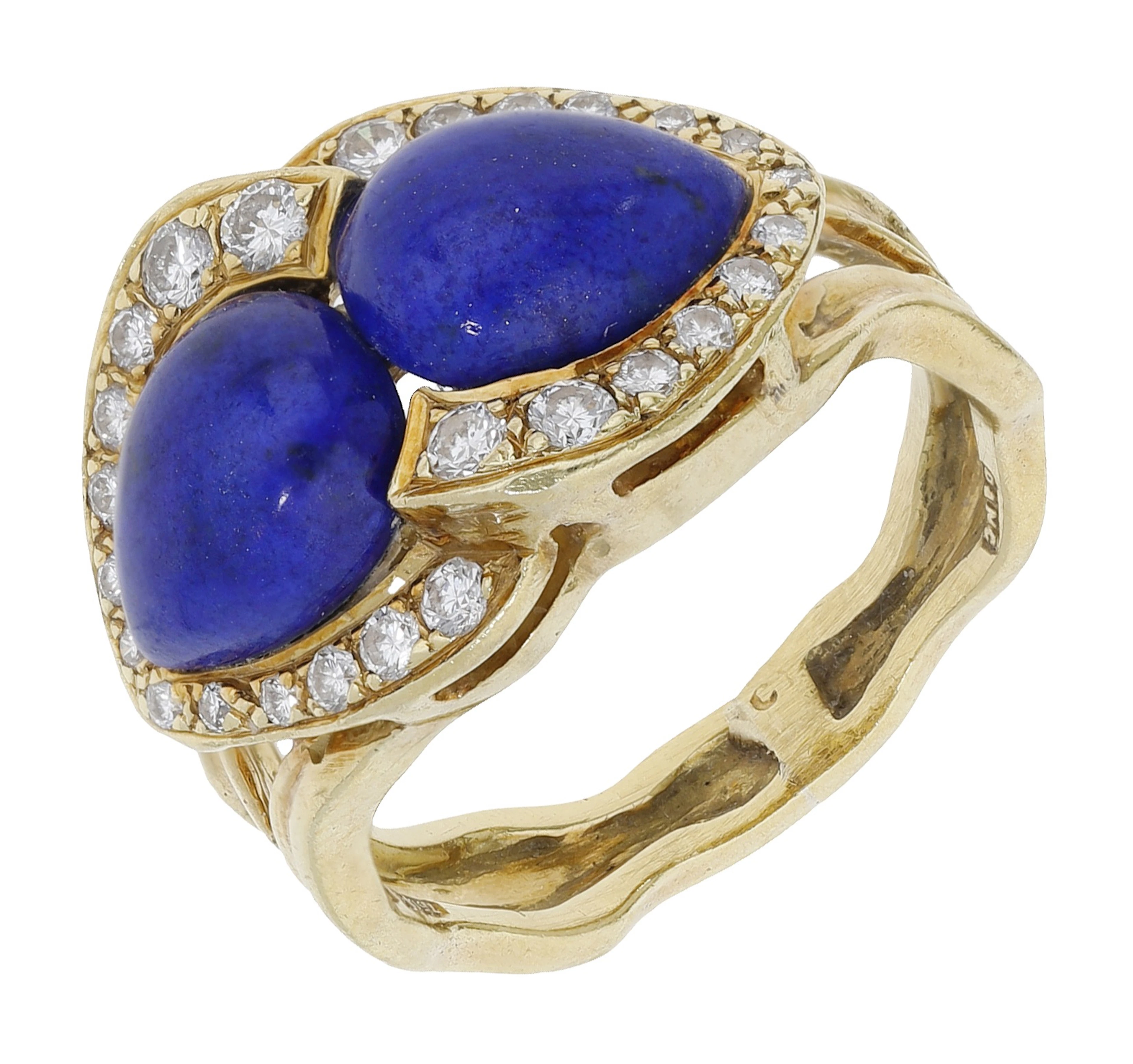 A lapis lazuli and diamond ring, circa 1984, the pear-shaped lapis