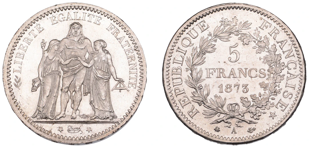 France, Third Republic, 5 Francs, 1873a, Paris (Gad. 744; KM 820).