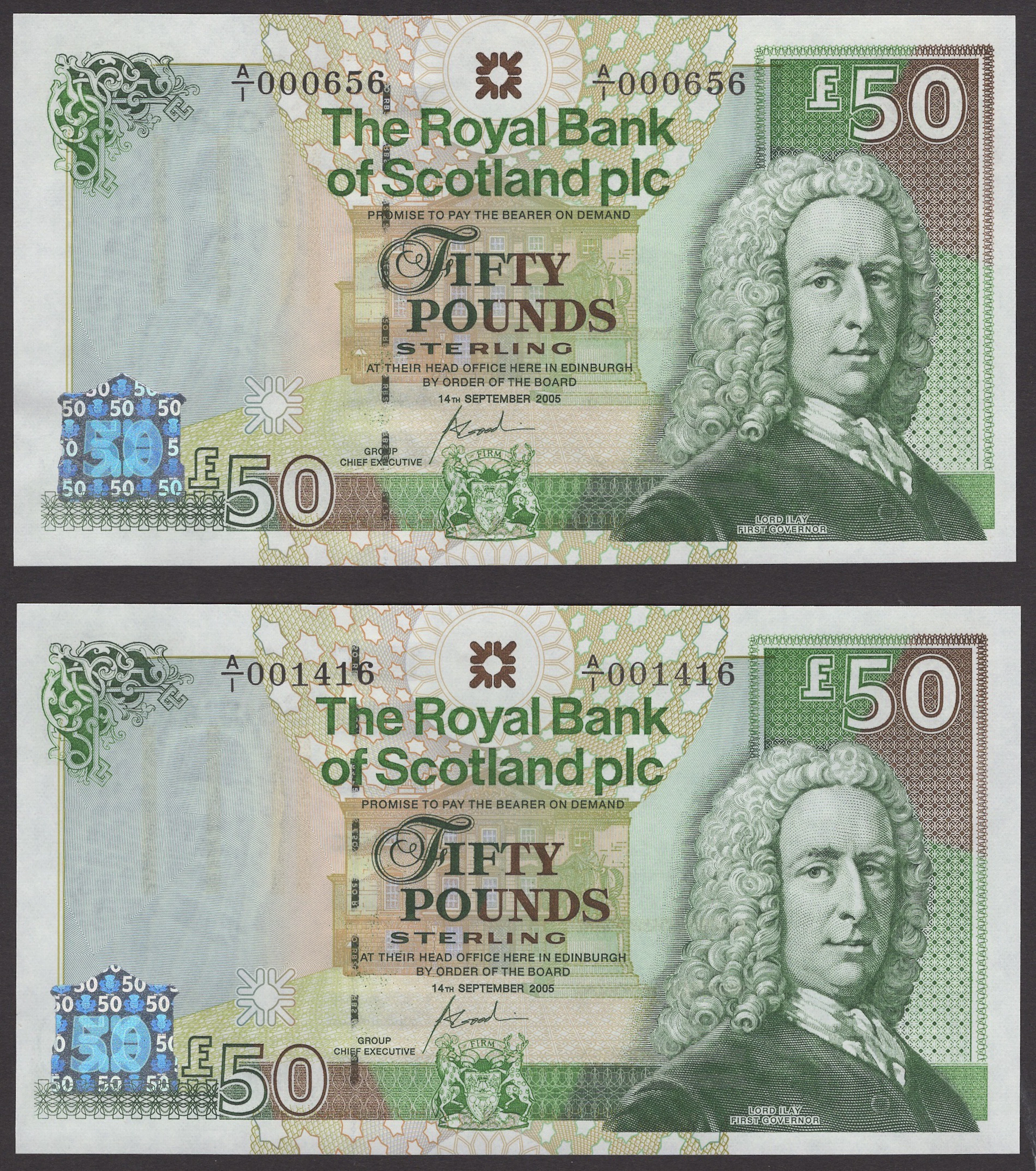 Royal Bank of Scotland PLC, £50 (2), 14 September 2005, serial numbers