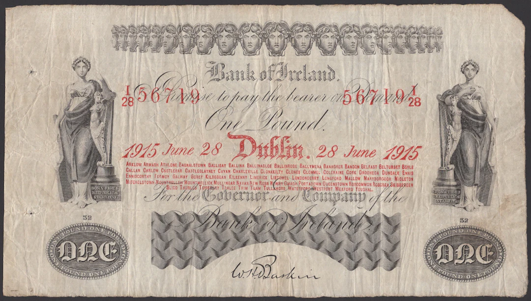 Bank of Ireland, £1, 28 June 1915, serial number I/28 56719, Baskin
