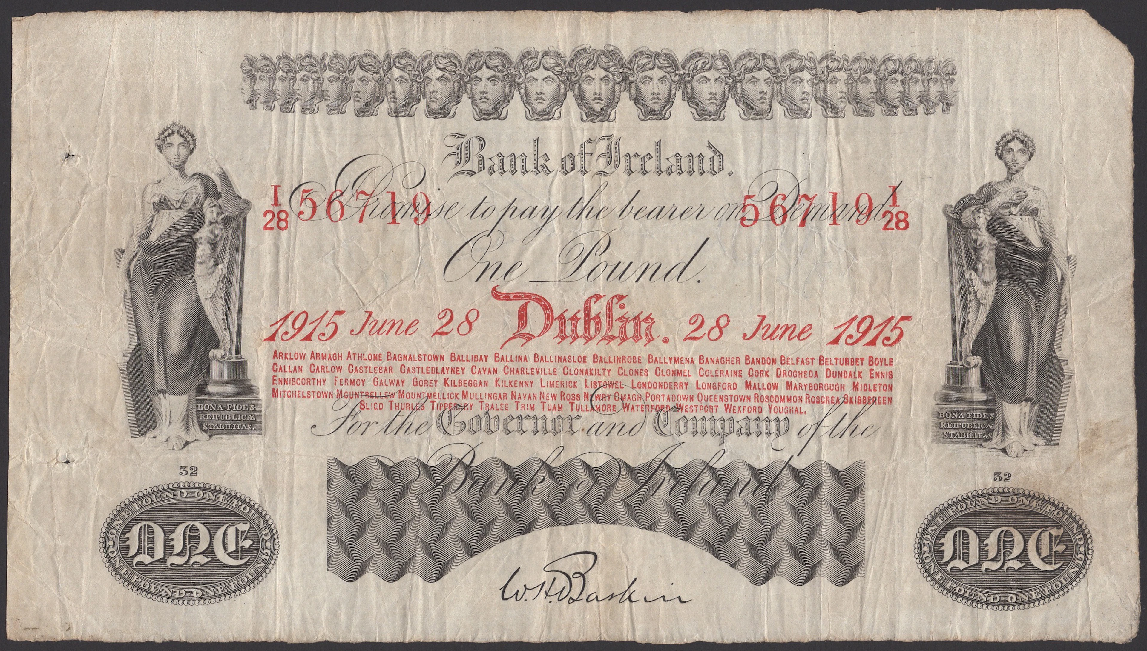 Bank of Ireland, £1, 28 June 1915, serial number I/28 56719, Baskin