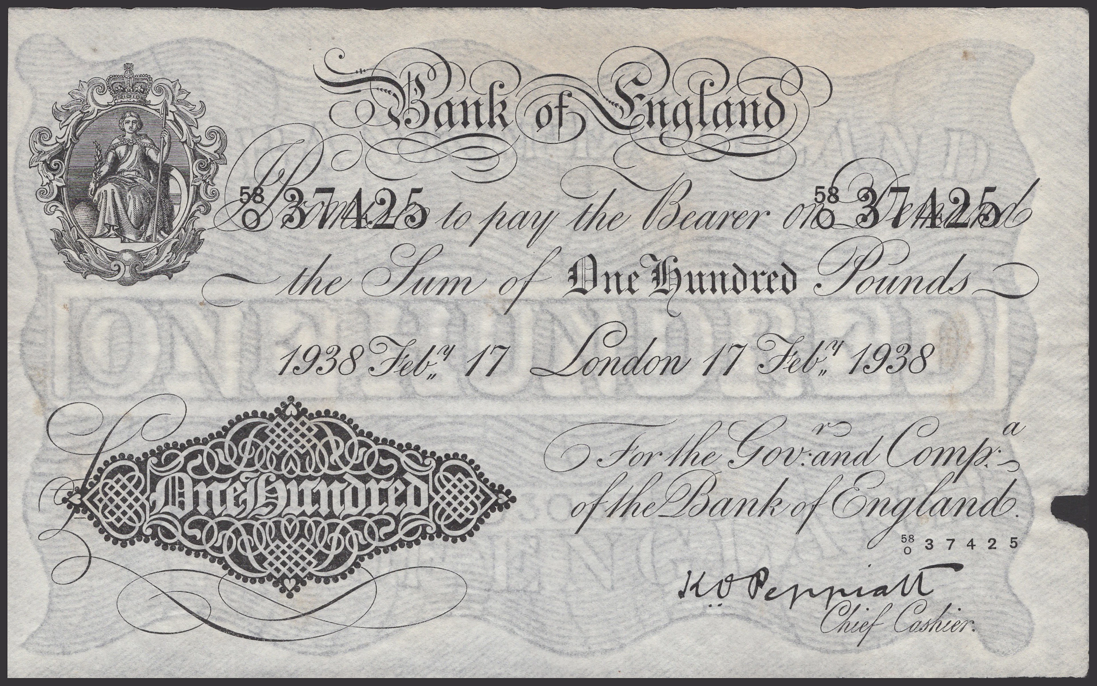 Bank of England, Kenneth O. Peppiatt, £100, London, 17 February 1938