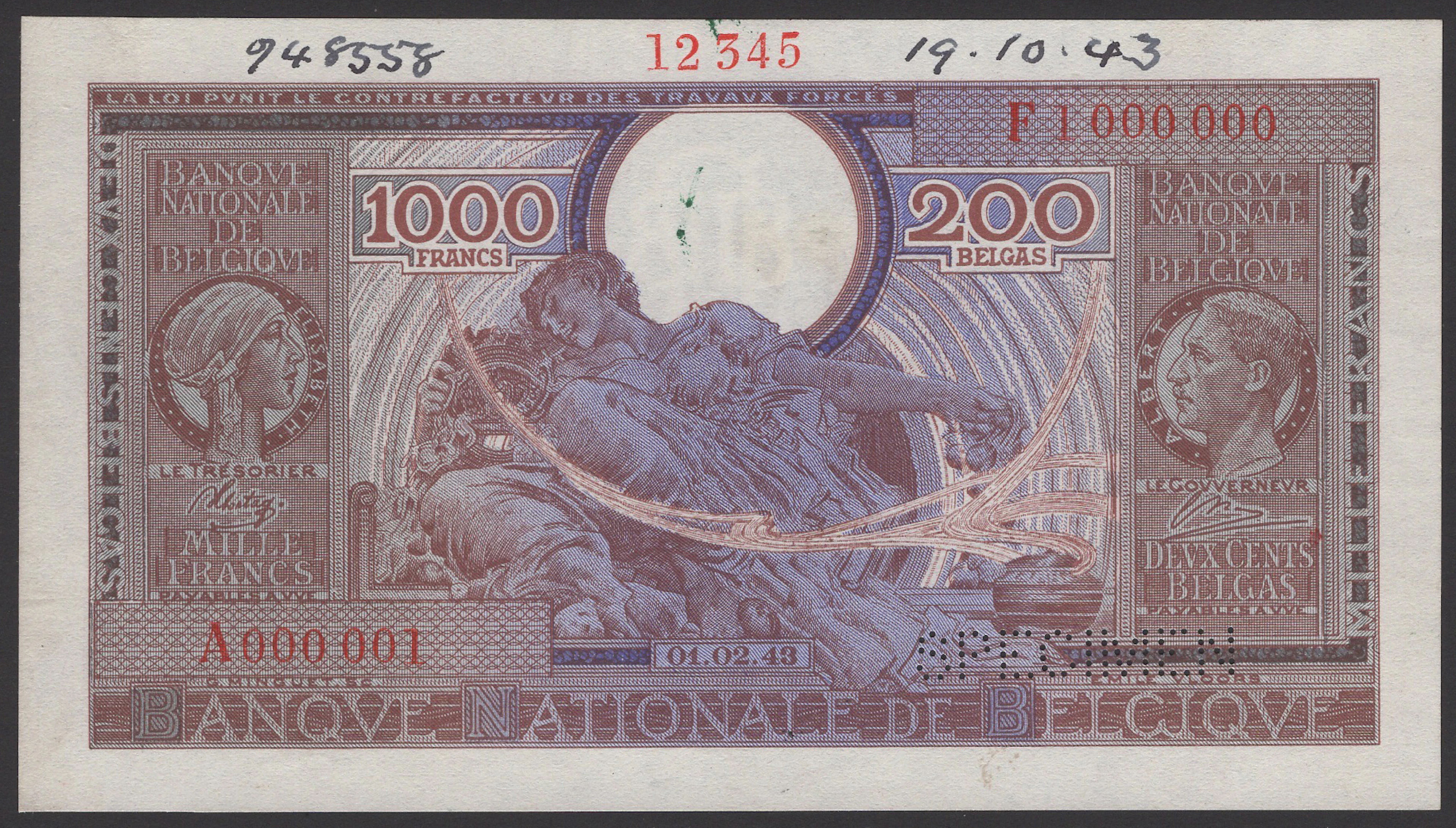 Banque Nationale de Belgique, printer’s archival specimen 1000 Francs