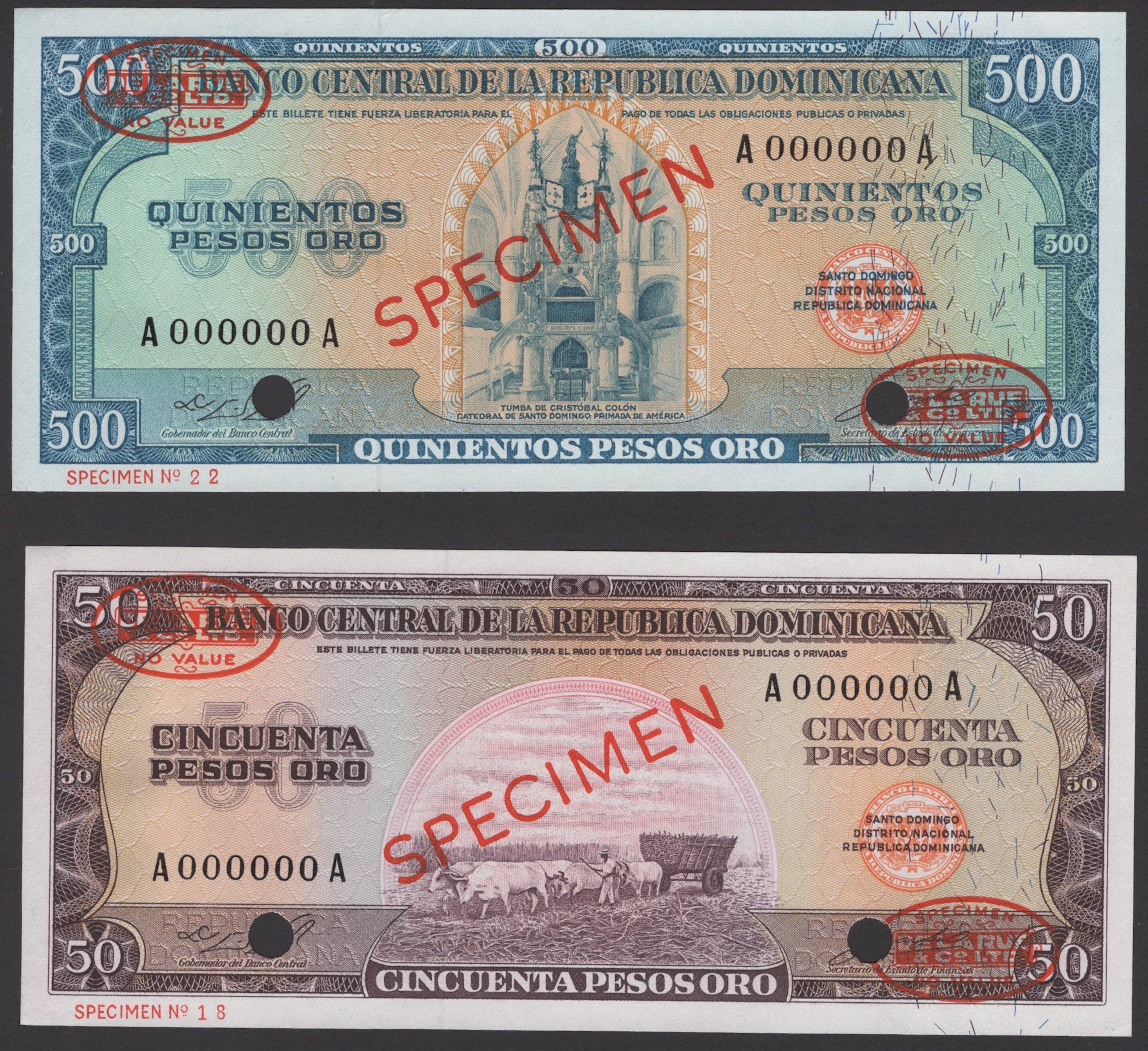 Banco Central de la Republica Dominicana, specimen 50 Pesos Oro, ND