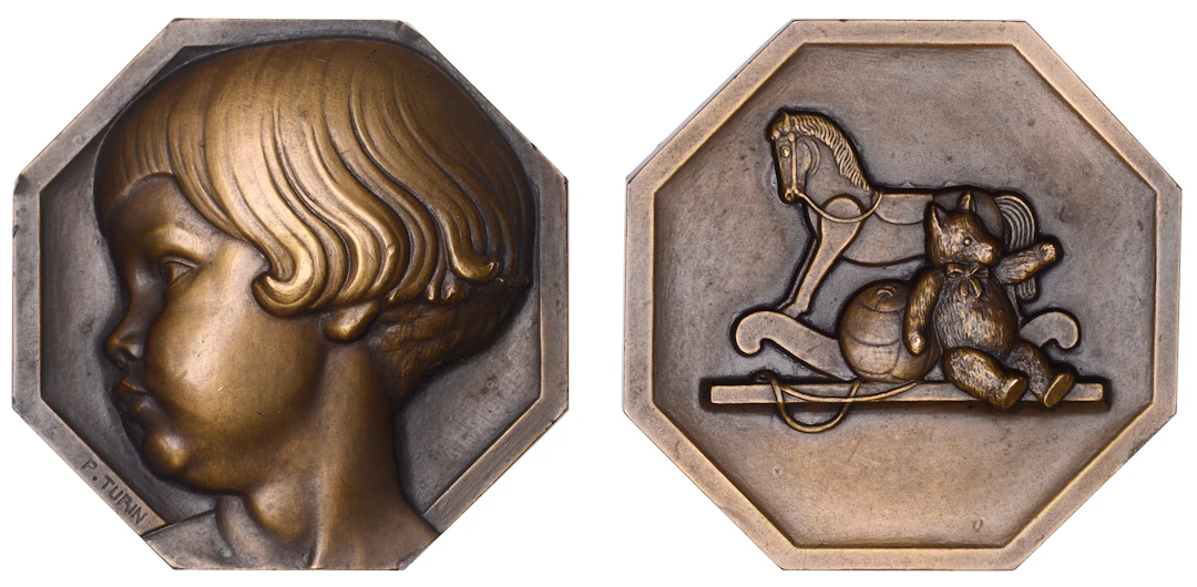 FRANCE, Tête d’Enfant, 1934, an octagonal Art Déco bronze plaque by