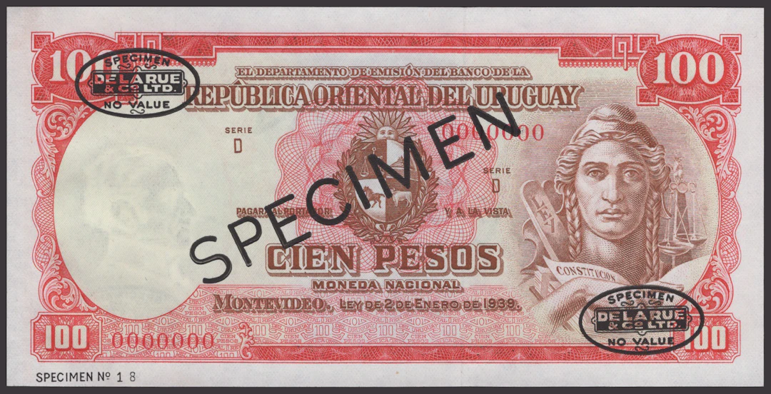 Banco Central del Uruguay, specimen 100 Pesos, ND (1967), serial number