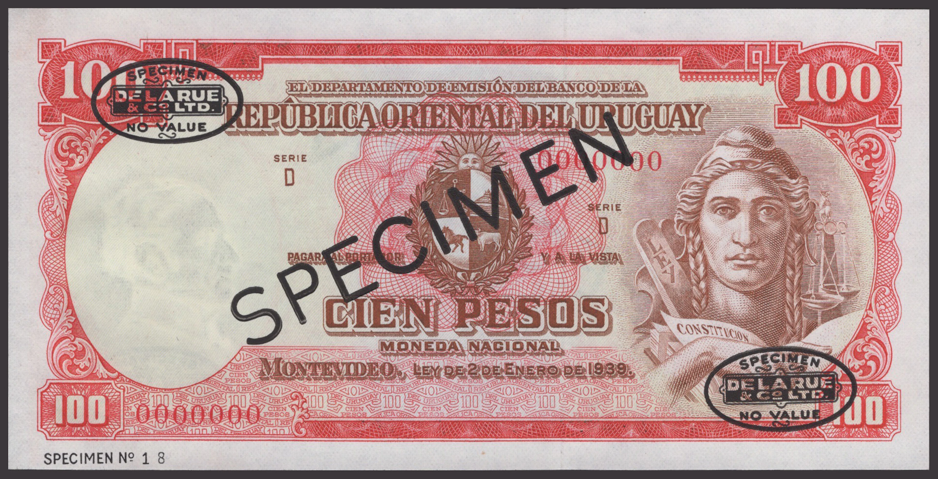 Banco Central del Uruguay, specimen 100 Pesos, ND (1967), serial number