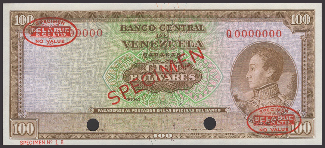 Banco Central de Venezuela, specimen 100 Bolivares, ND (1963-73)