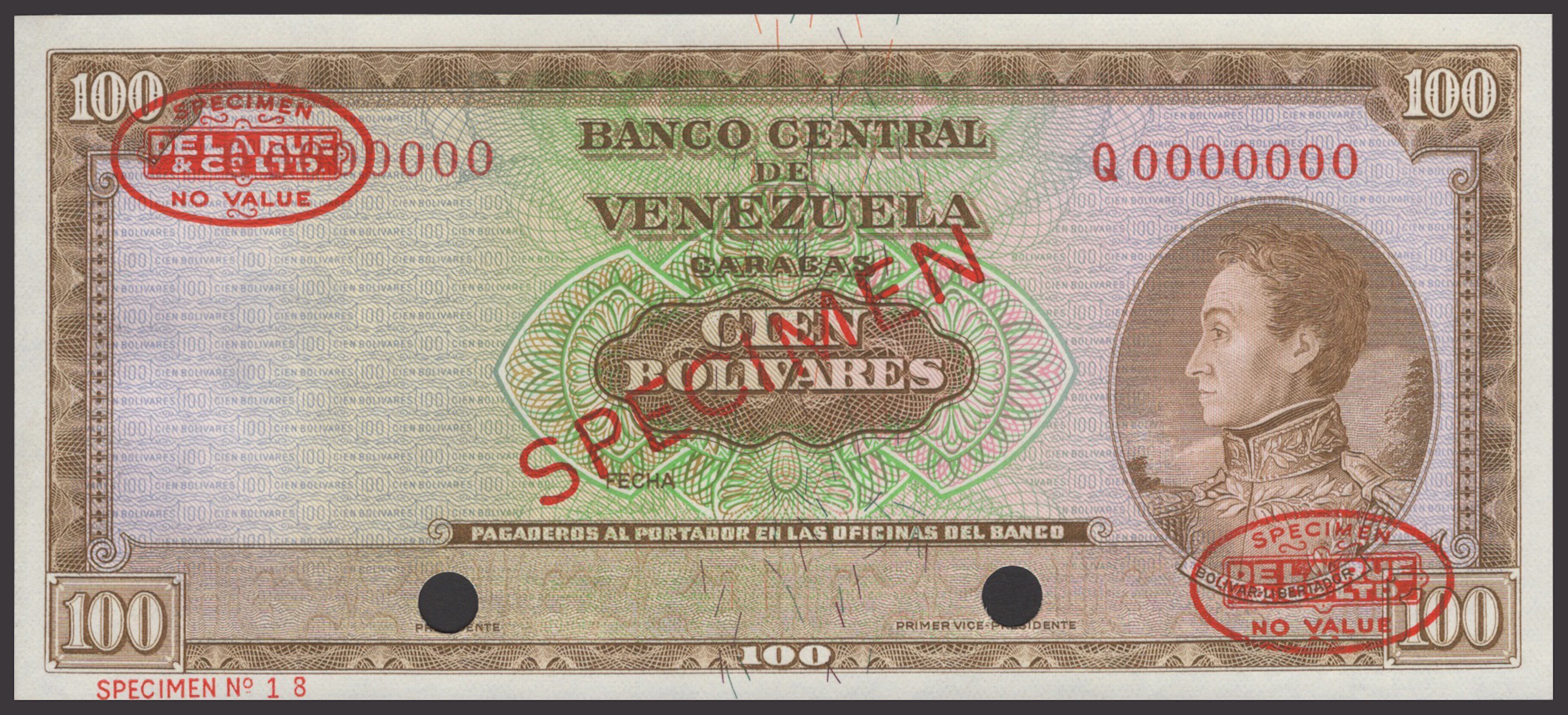 Banco Central de Venezuela, specimen 100 Bolivares, ND (1963-73)