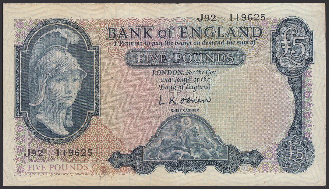 Bank of England, a group comprising O’Brien, £5, 27 February 1957