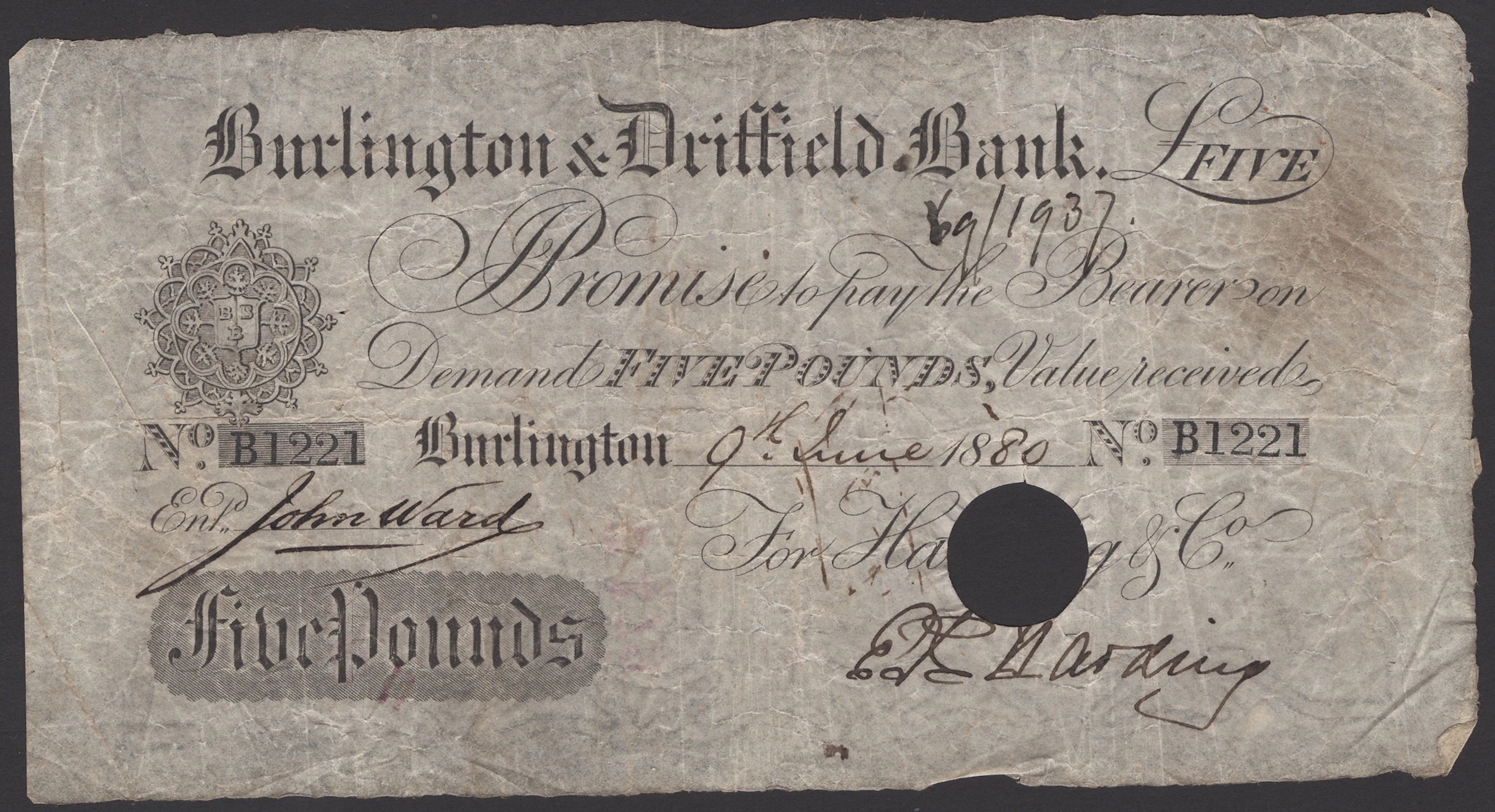 Burlington & Driffield Bank, for Harding & Co., £5, 9 June 1880, serial