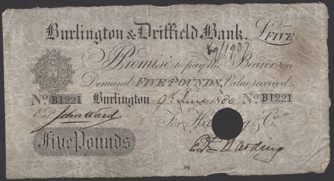 Burlington & Driffield Bank, for Harding & Co., £5, 9 June 1880, serial