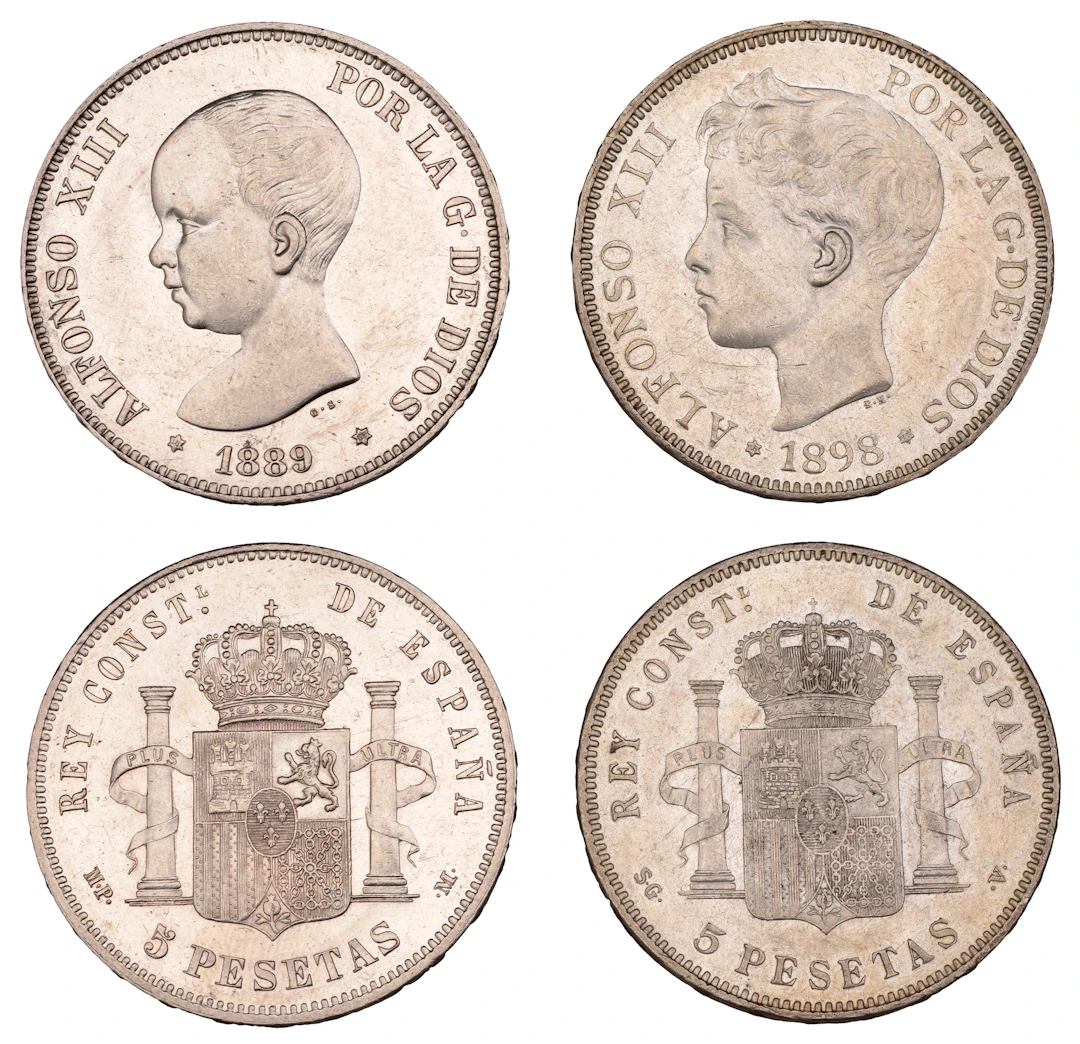 Spain, Alfonso XIII, 5 Pesetas (2), 1889, 1898, both Madrid (KM 689