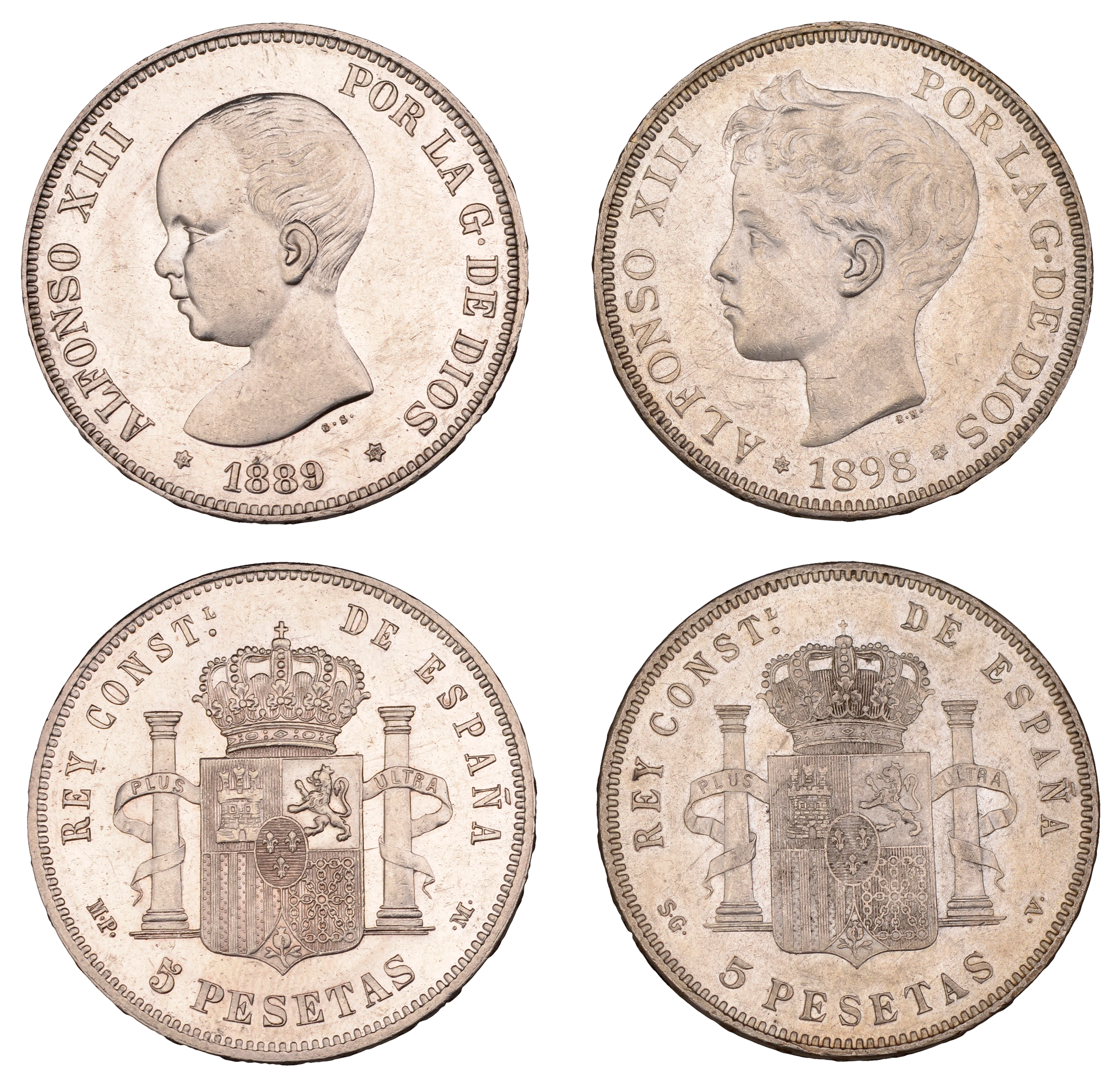 Spain, Alfonso XIII, 5 Pesetas (2), 1889, 1898, both Madrid (KM 689