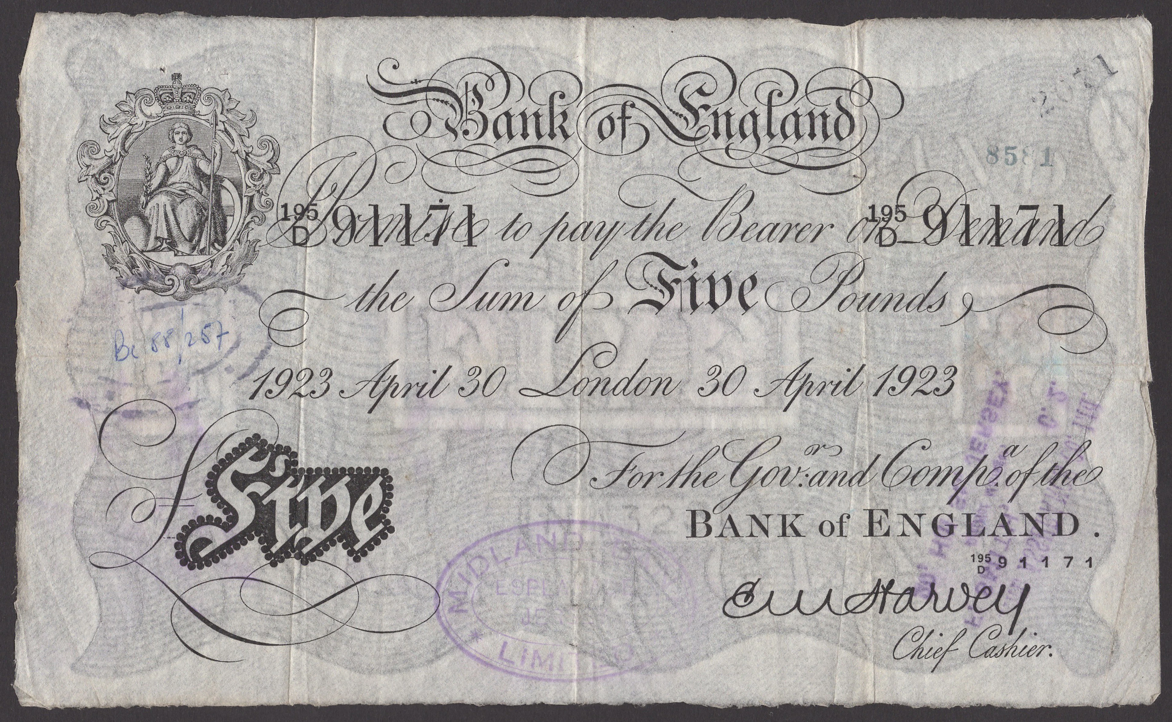 Bank of England, Ernest M. Harvey, £5, London, 30 April 1923, serial