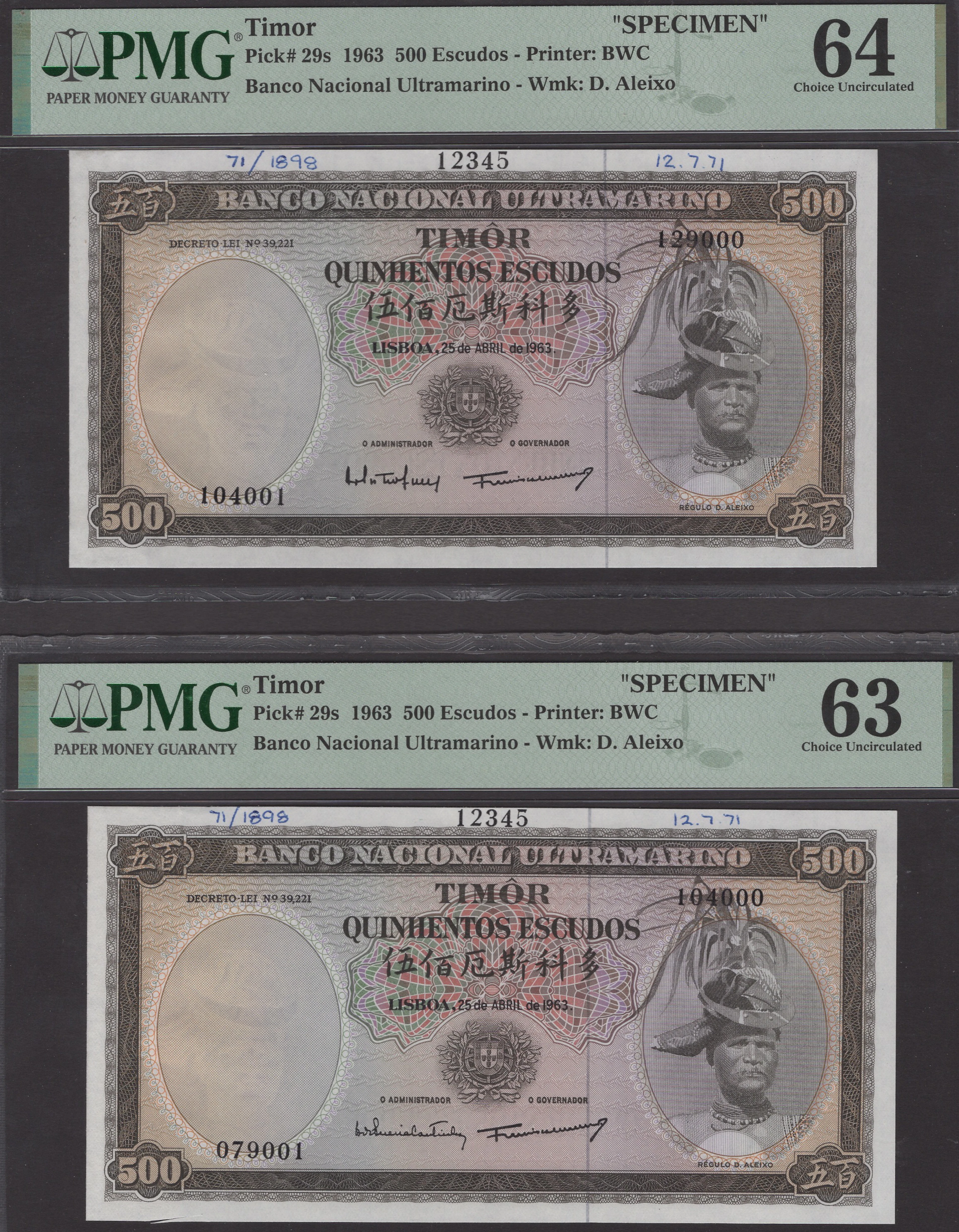 Banco Nacional Ultramarino, Timor, printers archival specimen 500