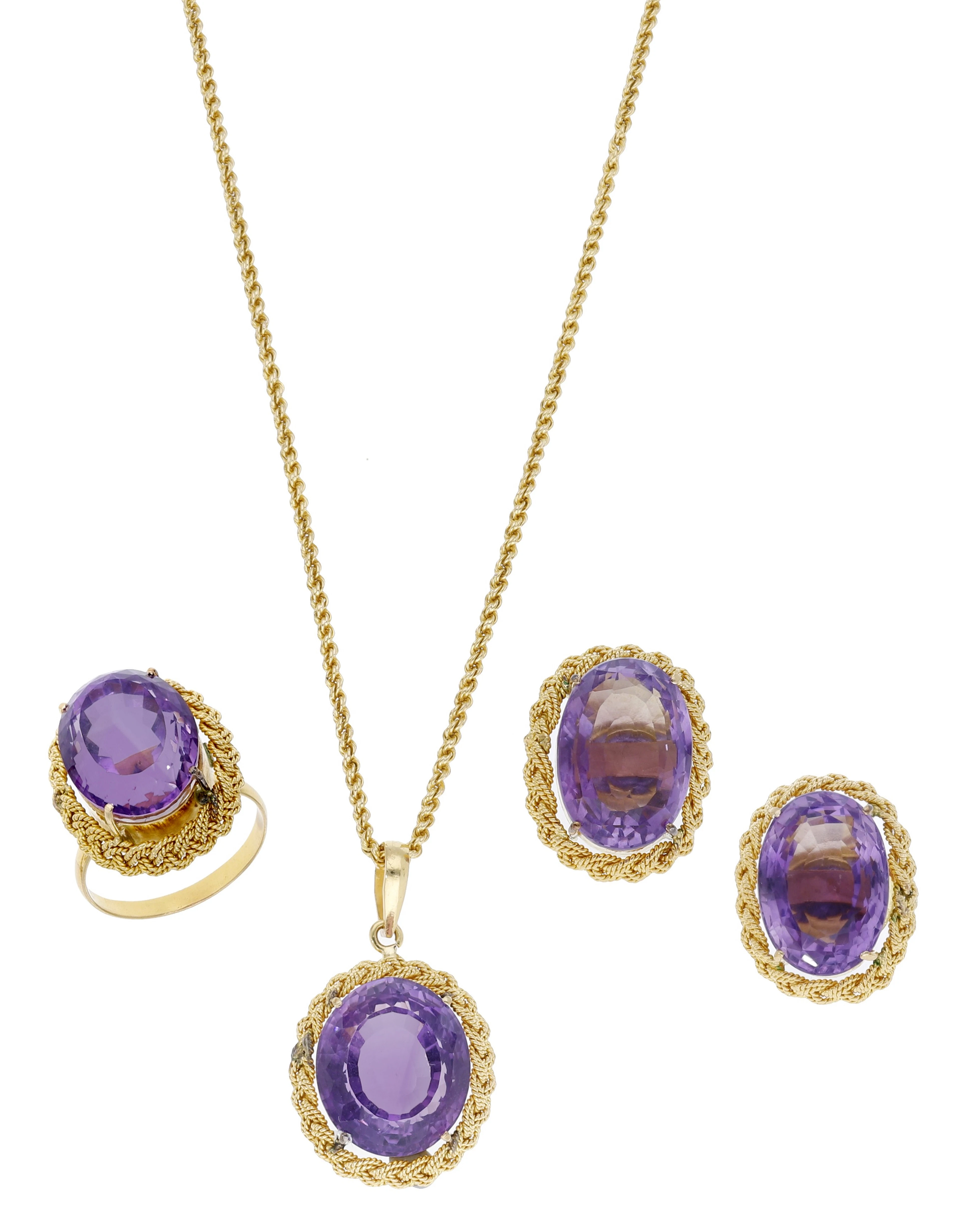 An amethyst earring, pendant and ring suite, the oval mixed-cut amethyst