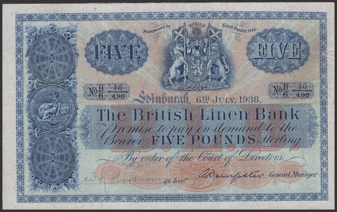 British Linen Bank, £5, 6 July 1938, serial number D/6 13/496, Dempster