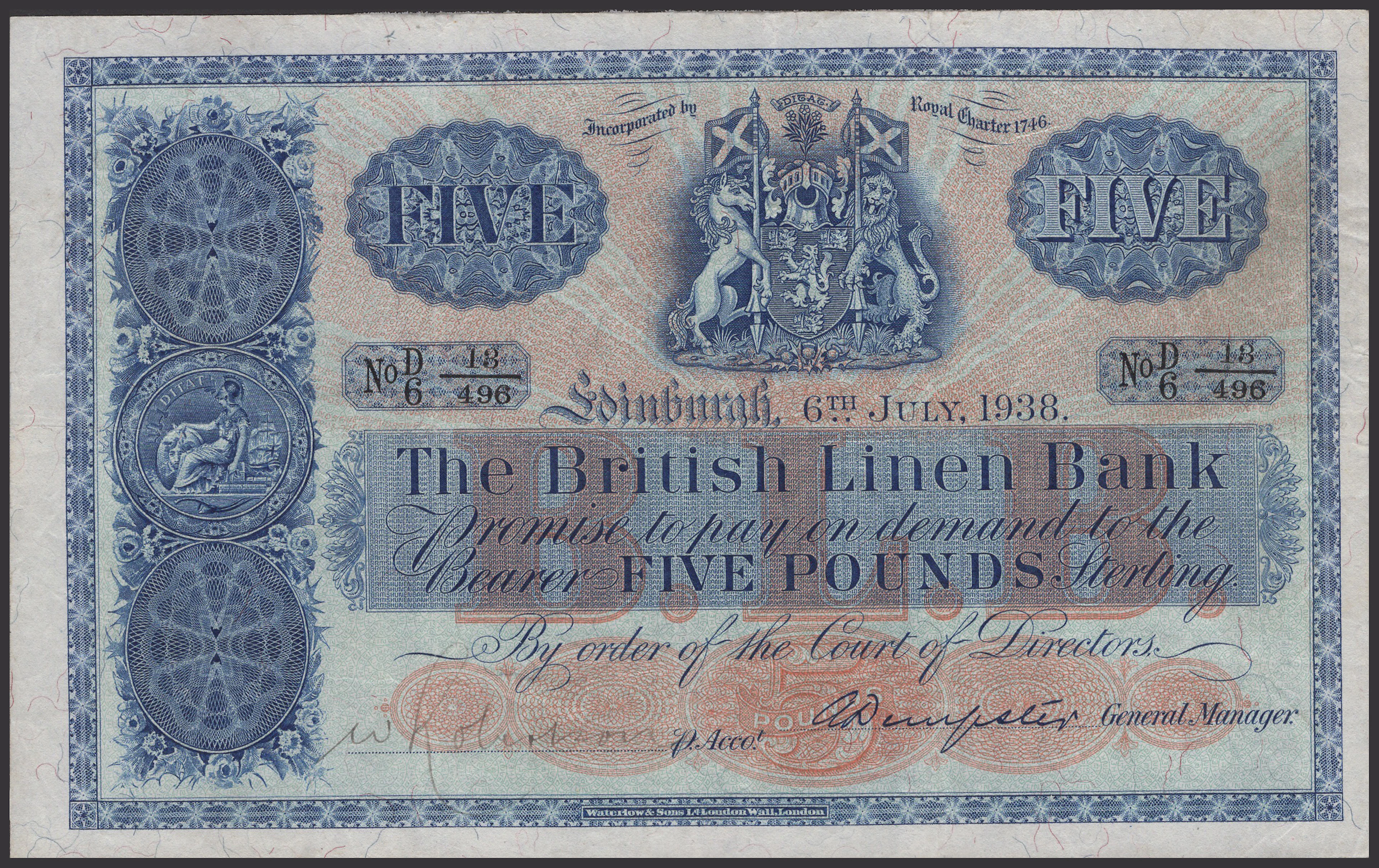 British Linen Bank, £5, 6 July 1938, serial number D/6 13/496, Dempster