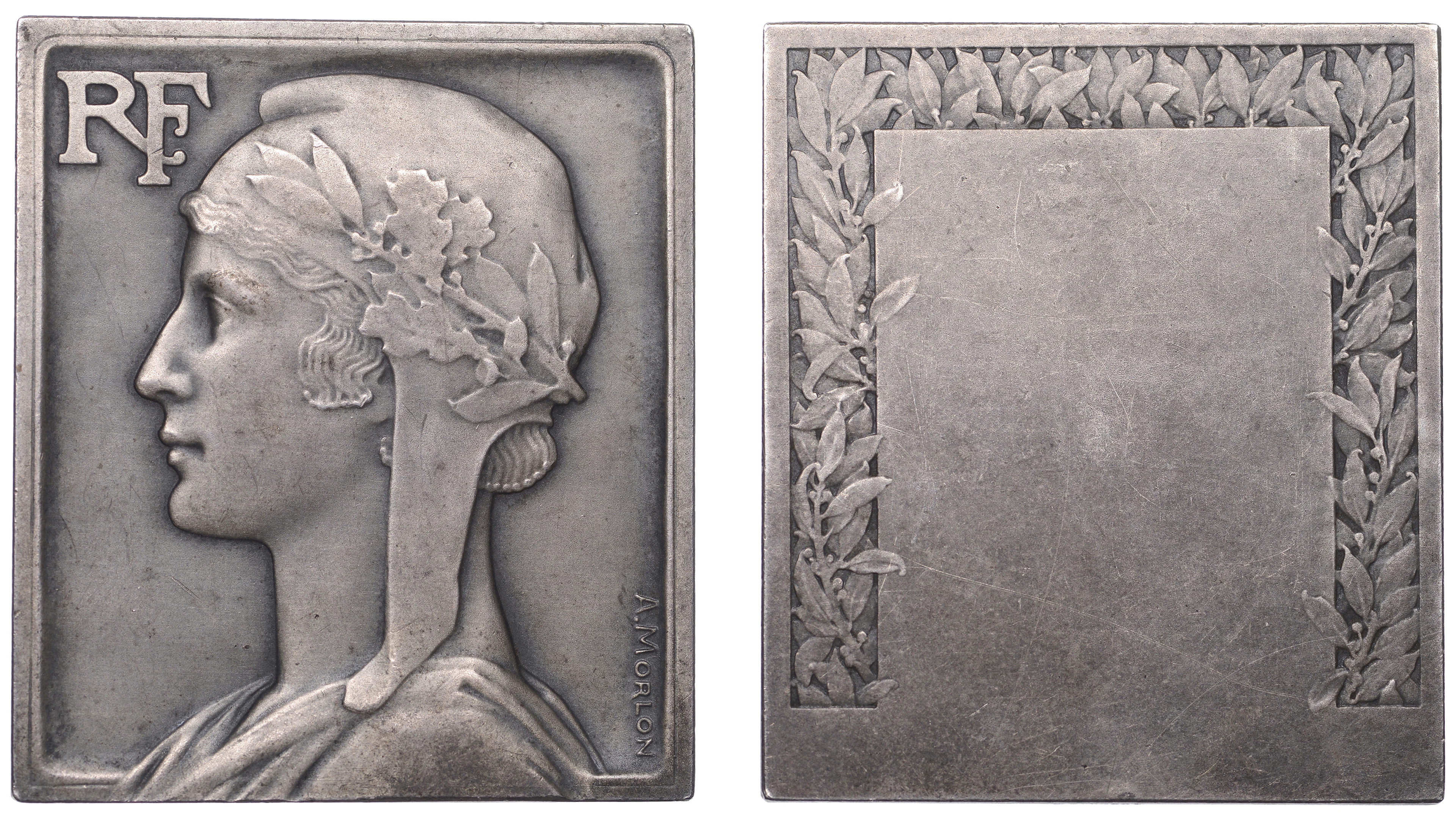 FRANCE, République, 1930, a silver award plaque by P.-A. Morlon, wreathed