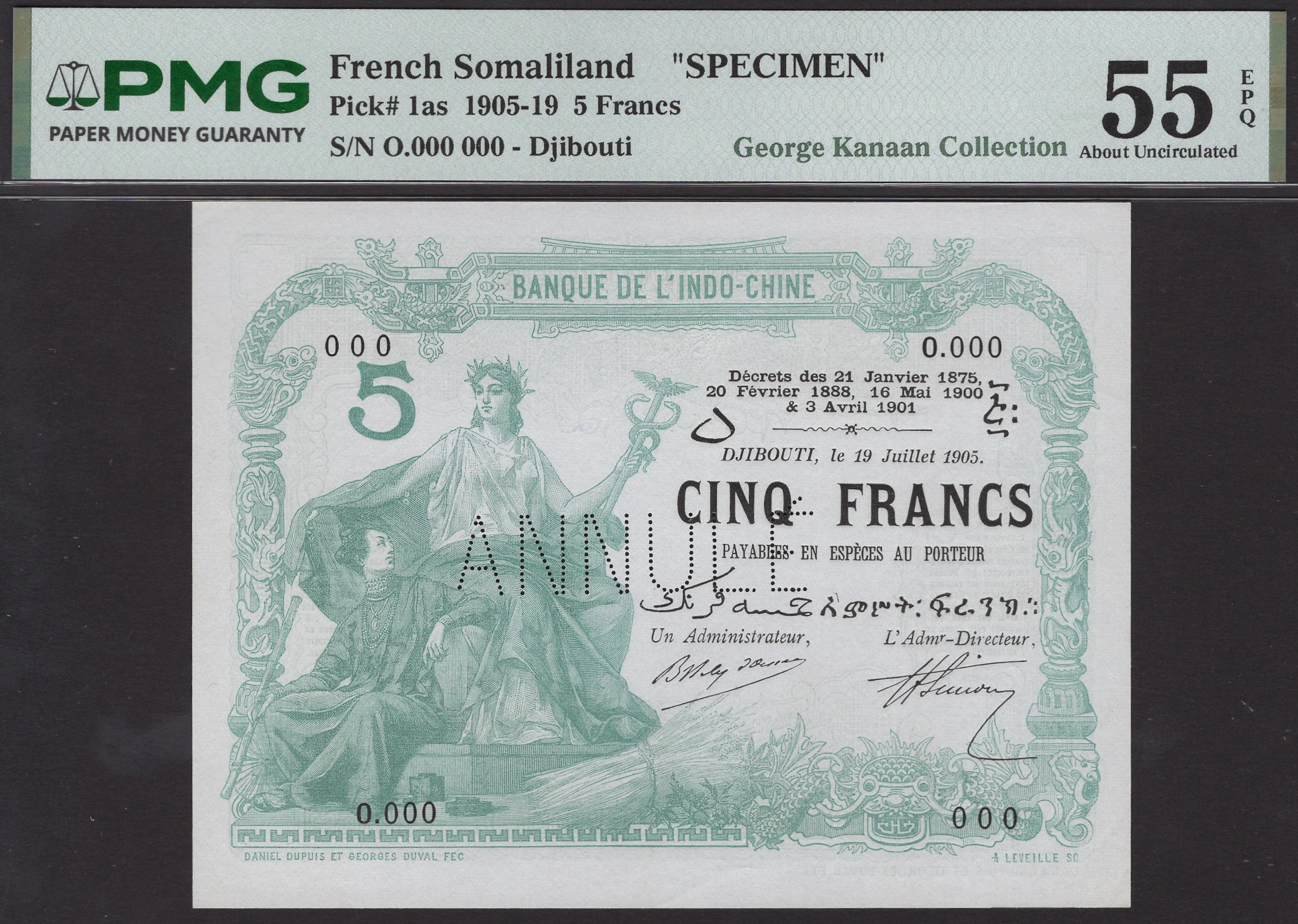 Banque de l’Indo-Chine, French Somaliland, specimen 5 Francs, 19 July