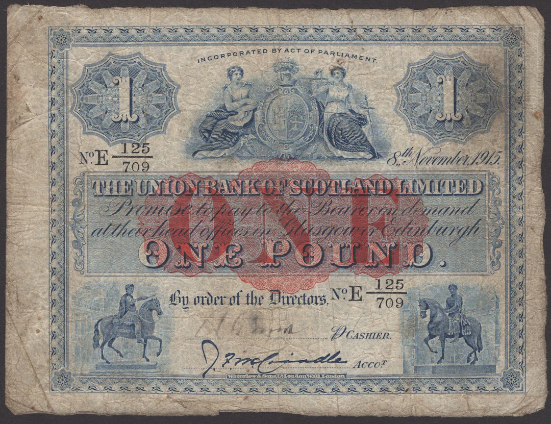 Union Bank of Scotland, £1, 8 November 1915, serial number E 125/709