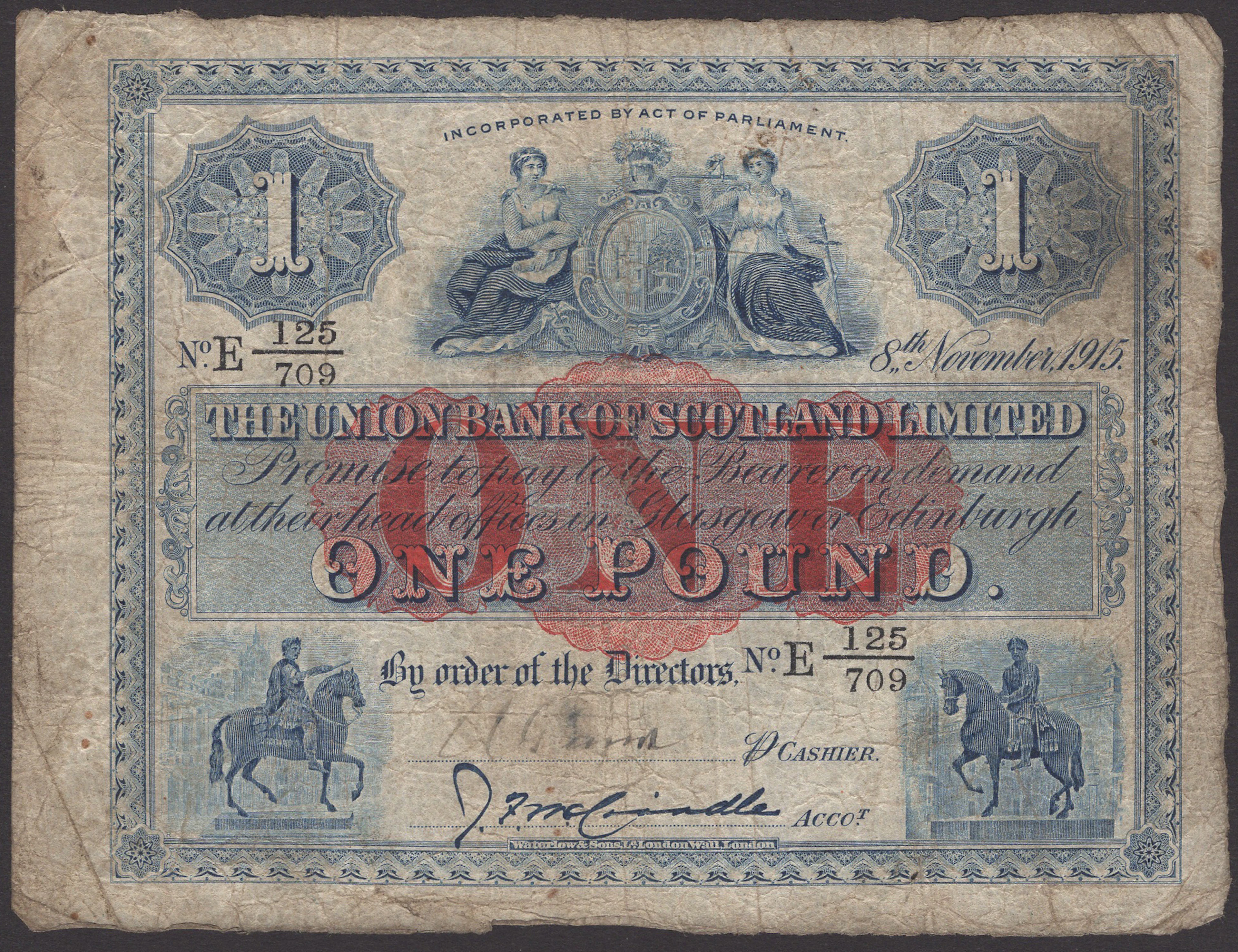 Union Bank of Scotland, £1, 8 November 1915, serial number E 125/709