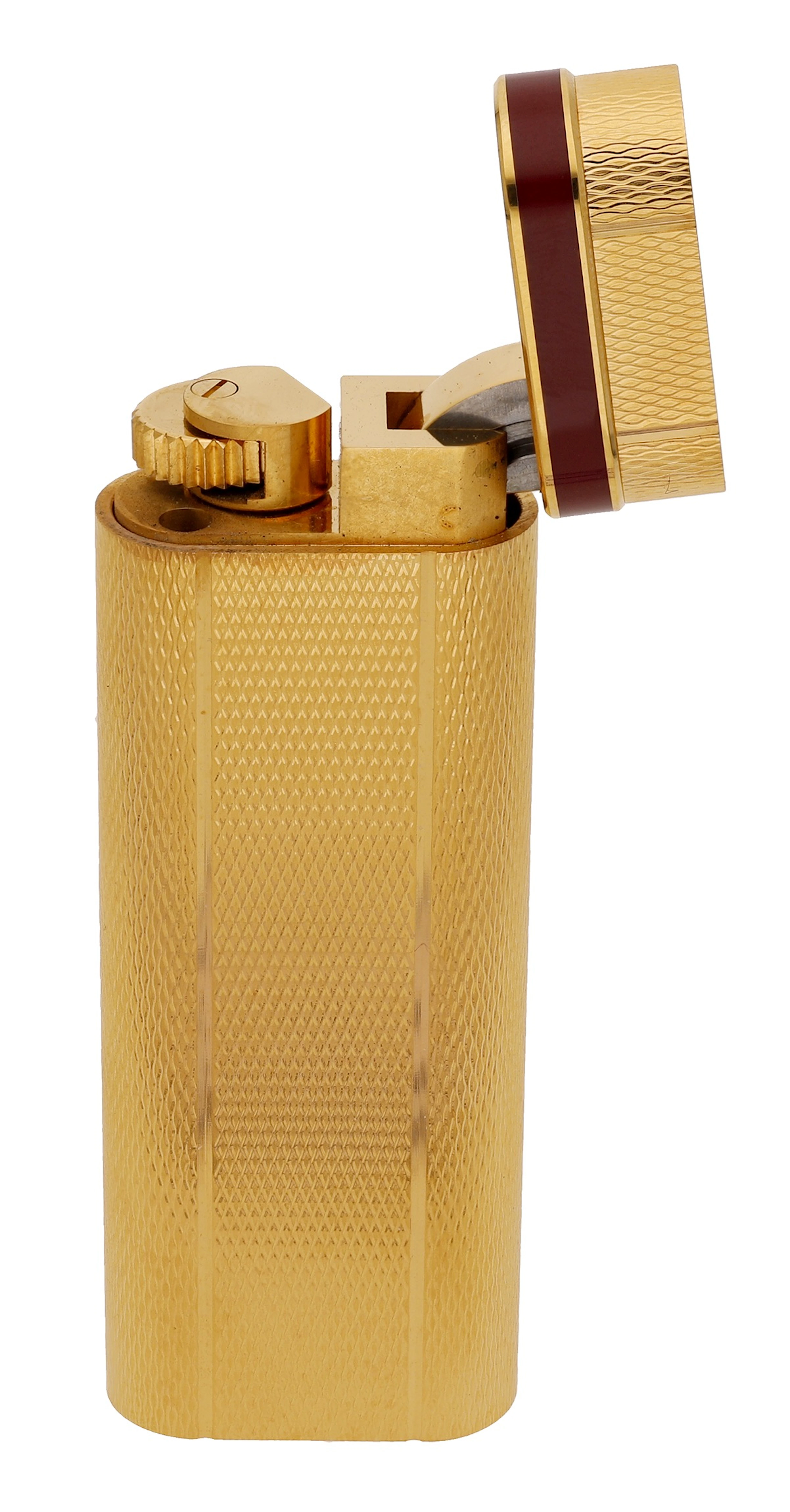 A gold plated lighter by Must de Cartier, of flattened cylindrical