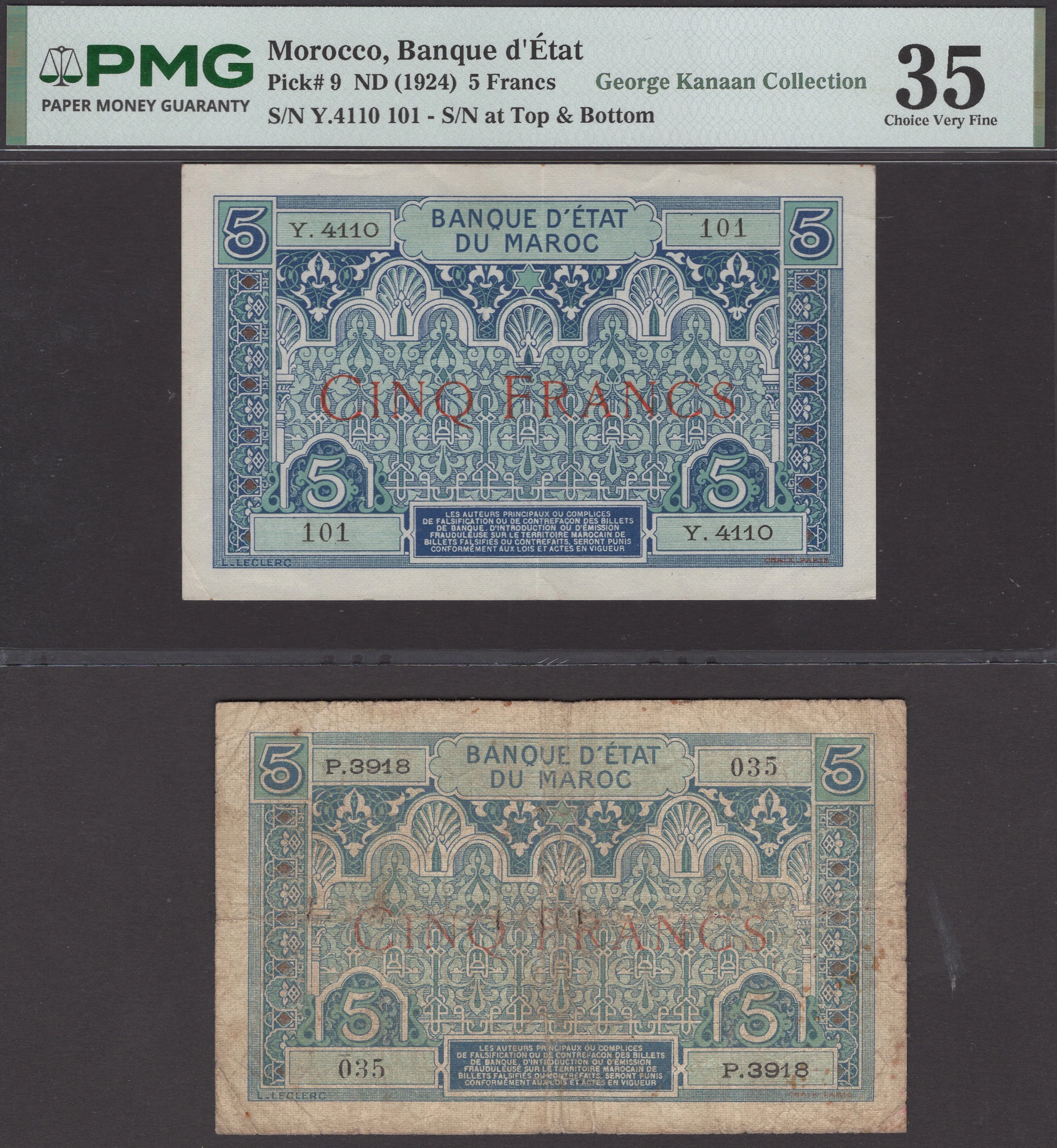 Banque d’Etat du Maroc, 5 Francs (2), ND (1924), serial numbers Y.4110