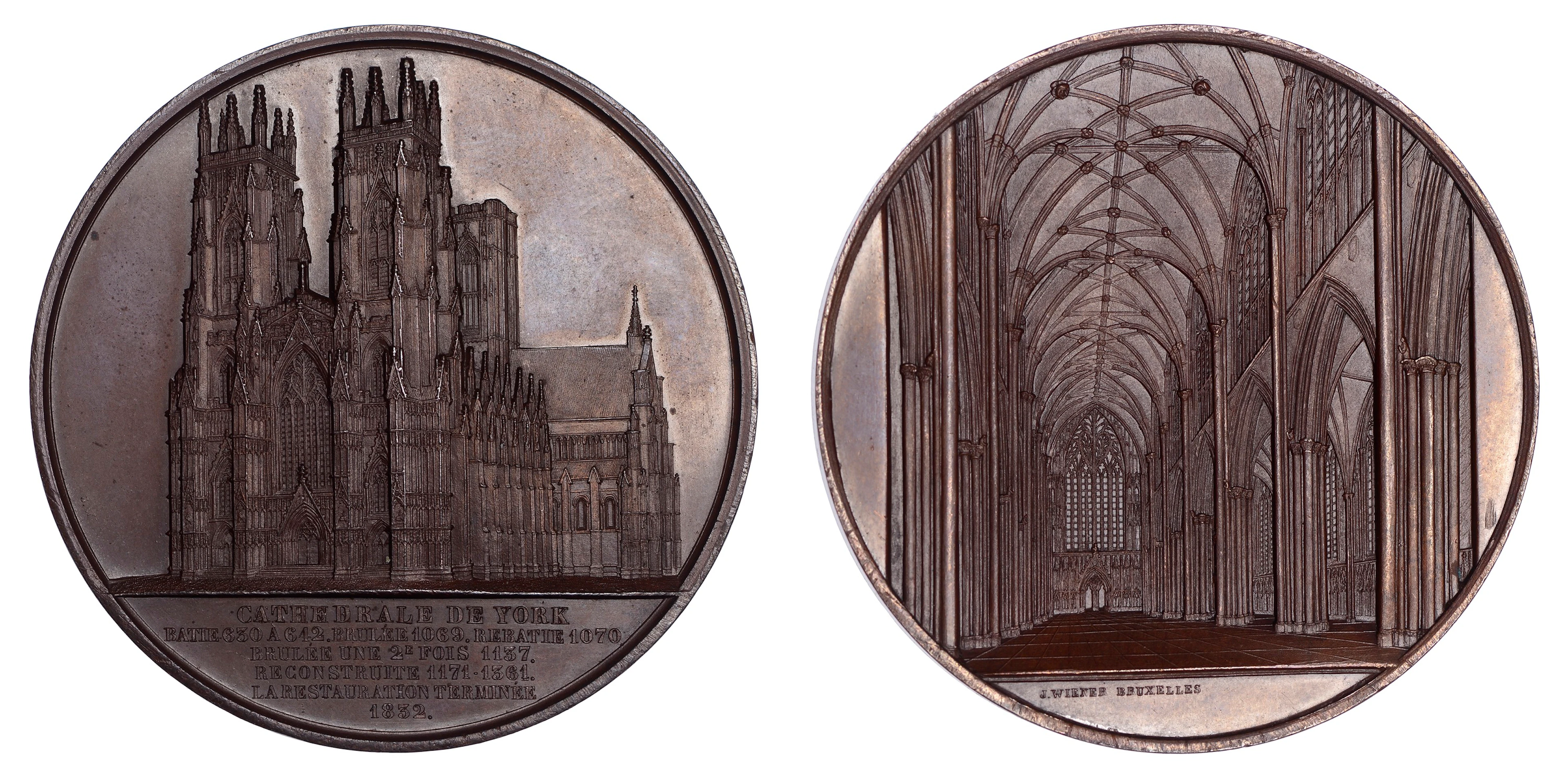 ENGLAND, York Minster, 1856, a copper medal by J. Wiener, three-quarter