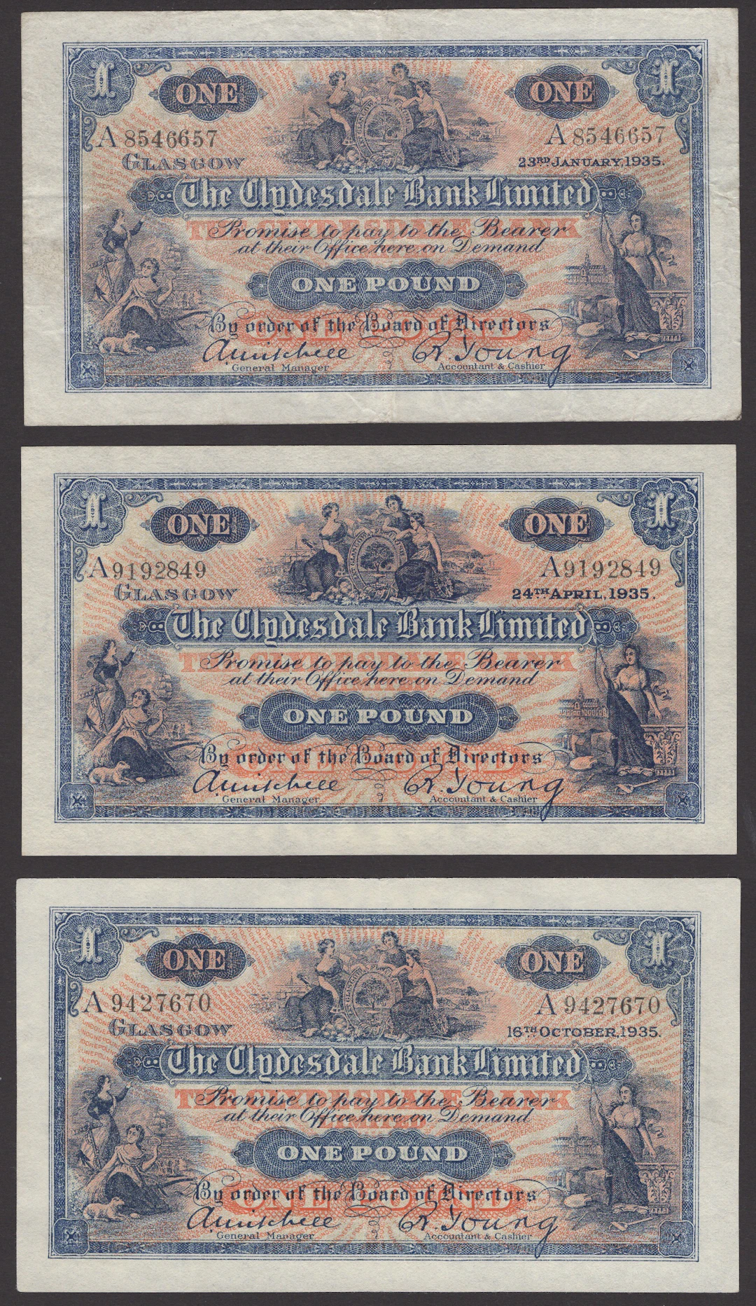 Clydesdale Bank Limited, £1 (5), 23 January 1935, serial number A8546657
